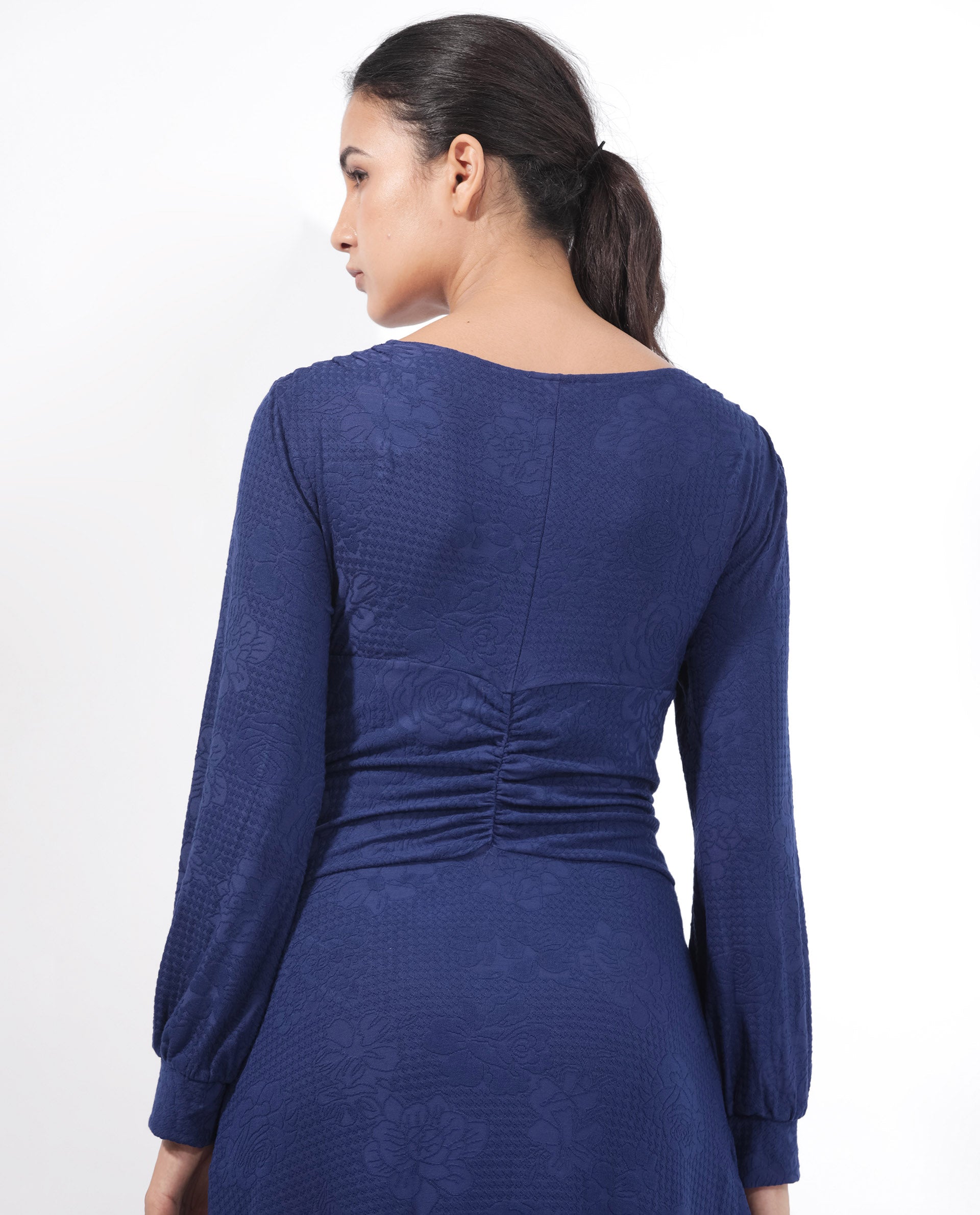 Rareism Women's Harpa Navy Polyester Fabric V-Neck Tie-Up Closure Bishop Sleeve Plain Maxi Dress