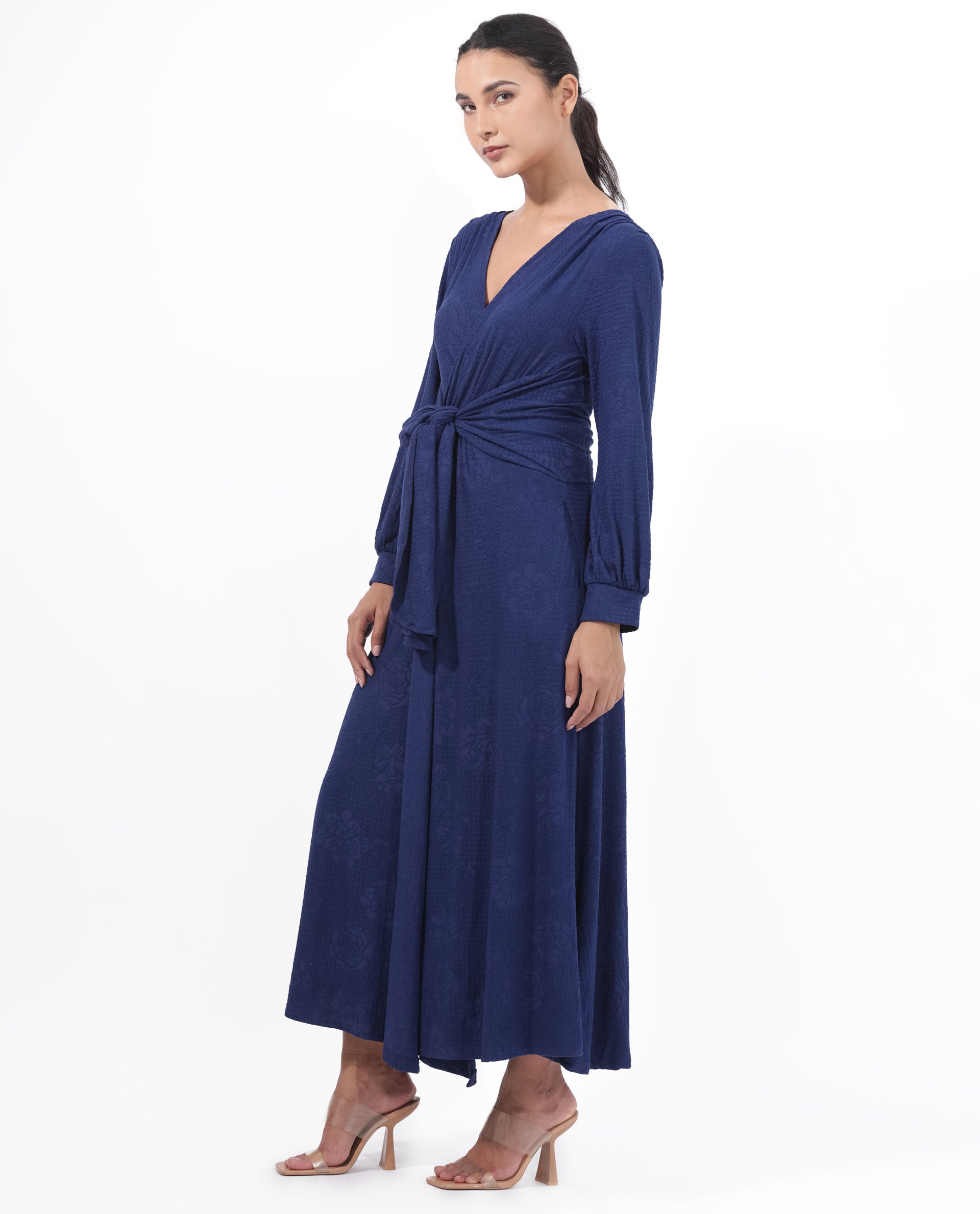 Rareism Women's Harpa Navy Polyester Fabric V-Neck Tie-Up Closure Bishop Sleeve Plain Maxi Dress