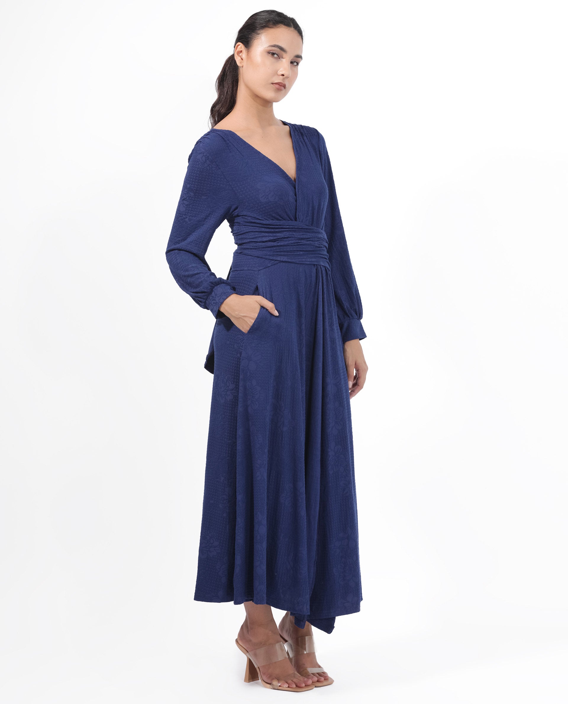Rareism Women's Harpa Navy Polyester Fabric V-Neck Tie-Up Closure Bishop Sleeve Plain Maxi Dress