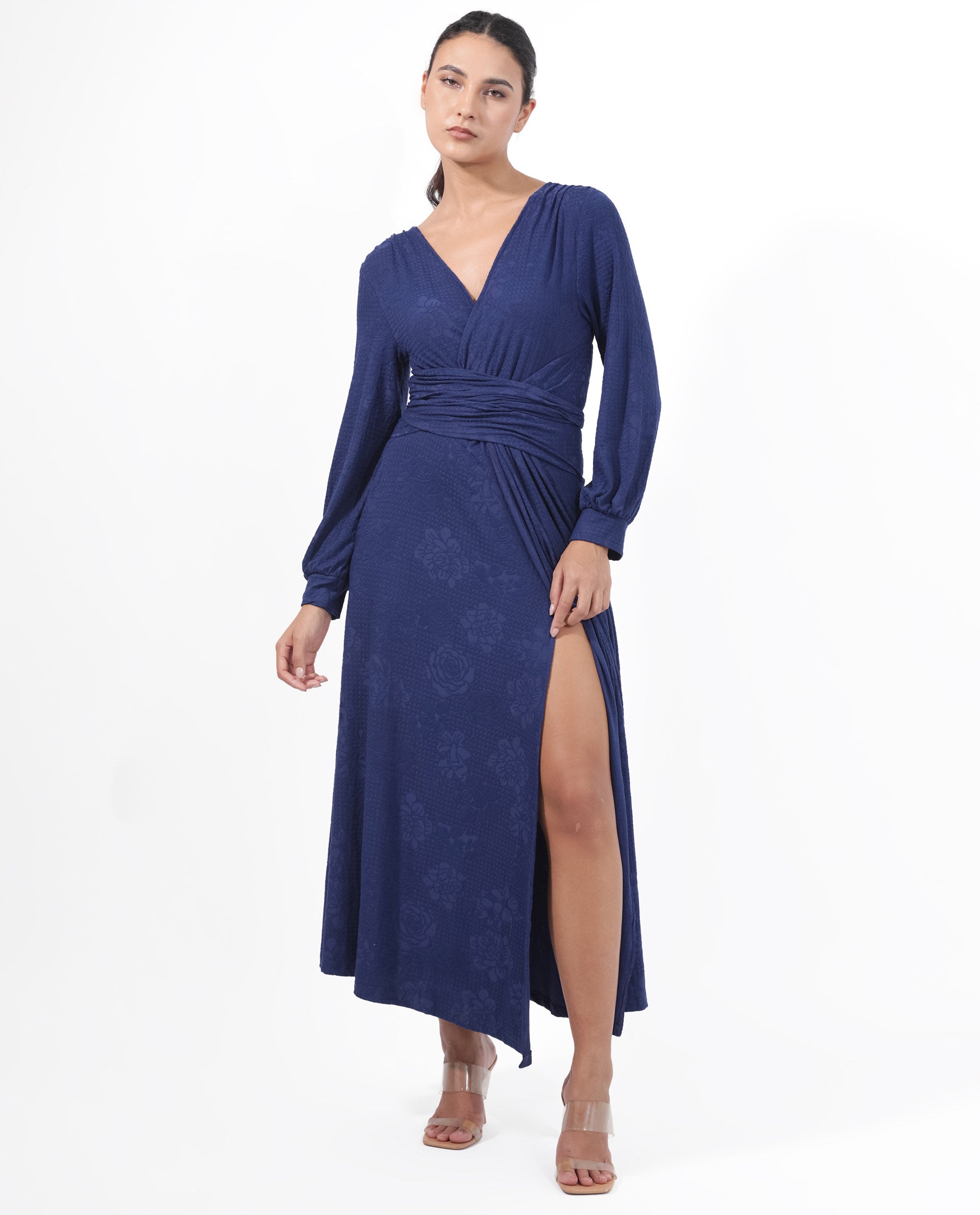 Rareism Women's Harpa Navy Polyester Fabric V-Neck Tie-Up Closure Bishop Sleeve Plain Maxi Dress