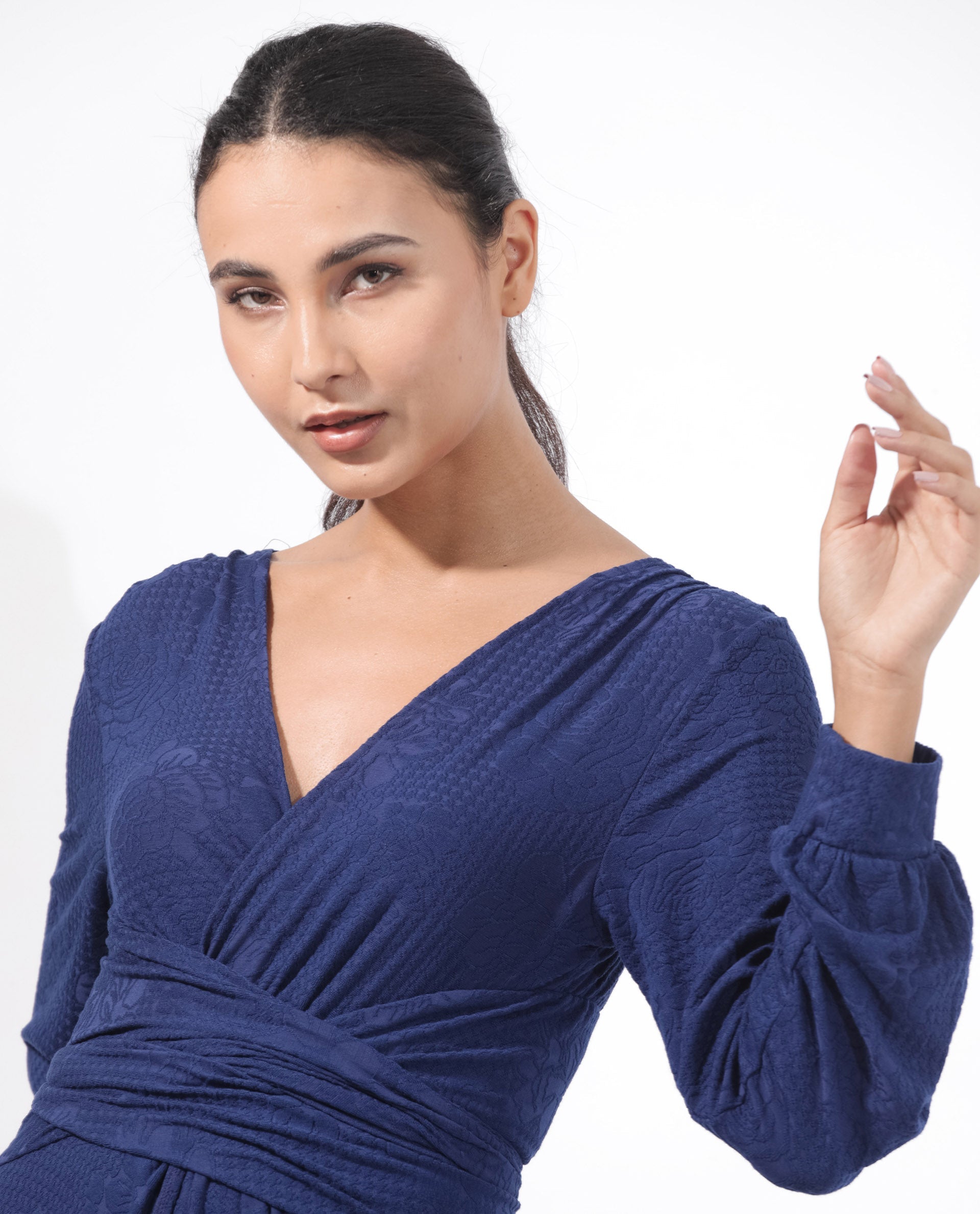 Rareism Women's Harpa Navy Polyester Fabric V-Neck Tie-Up Closure Bishop Sleeve Plain Maxi Dress