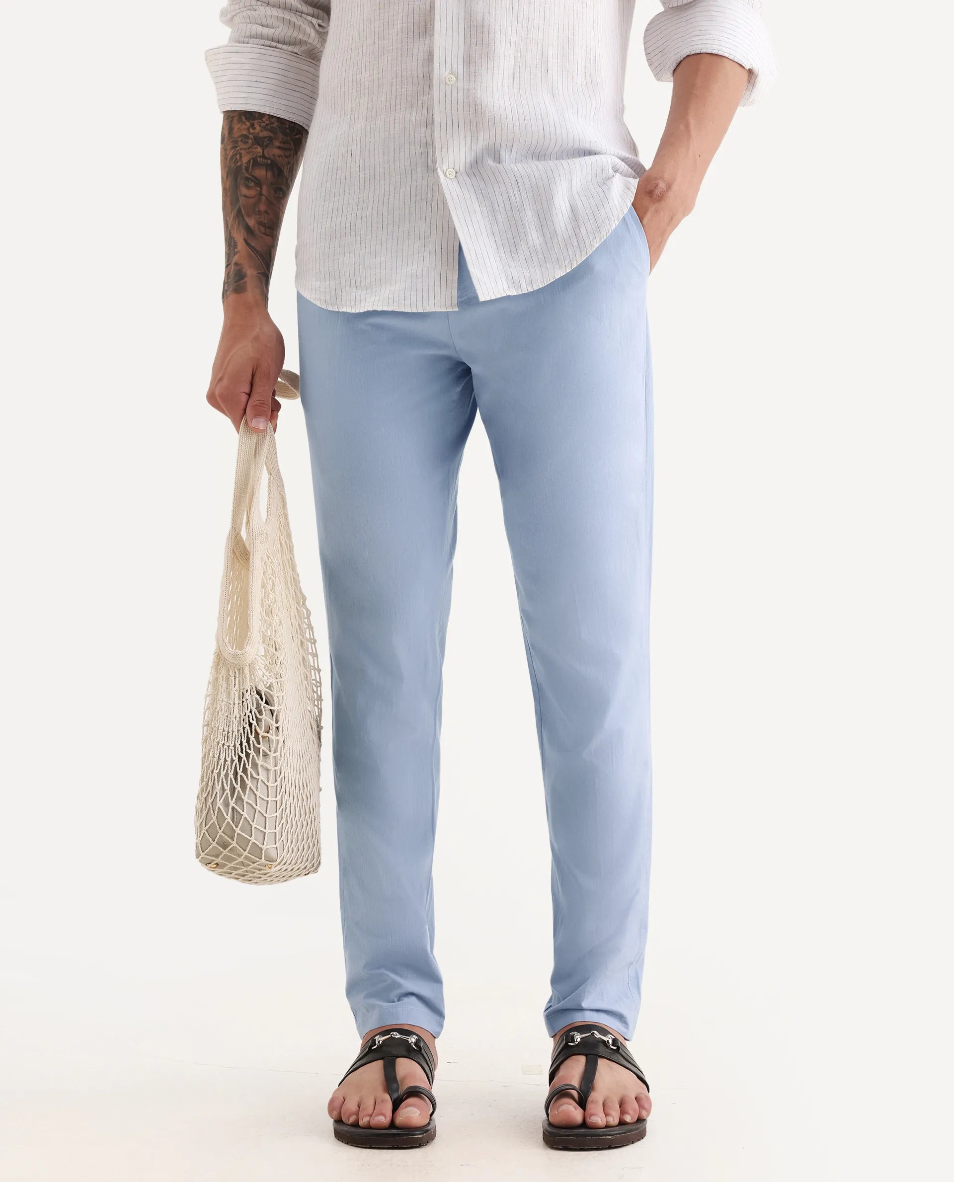 Rare Rabbit Men's Harlow Pastel Purple Cotton Plain Regular Fit Trouser