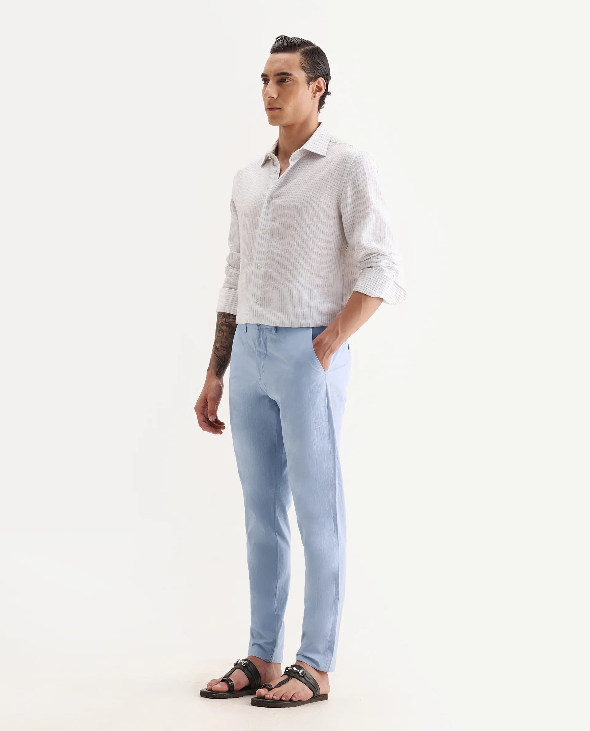 Rare Rabbit Men's Harlow Pastel Purple Cotton Plain Regular Fit Trouser