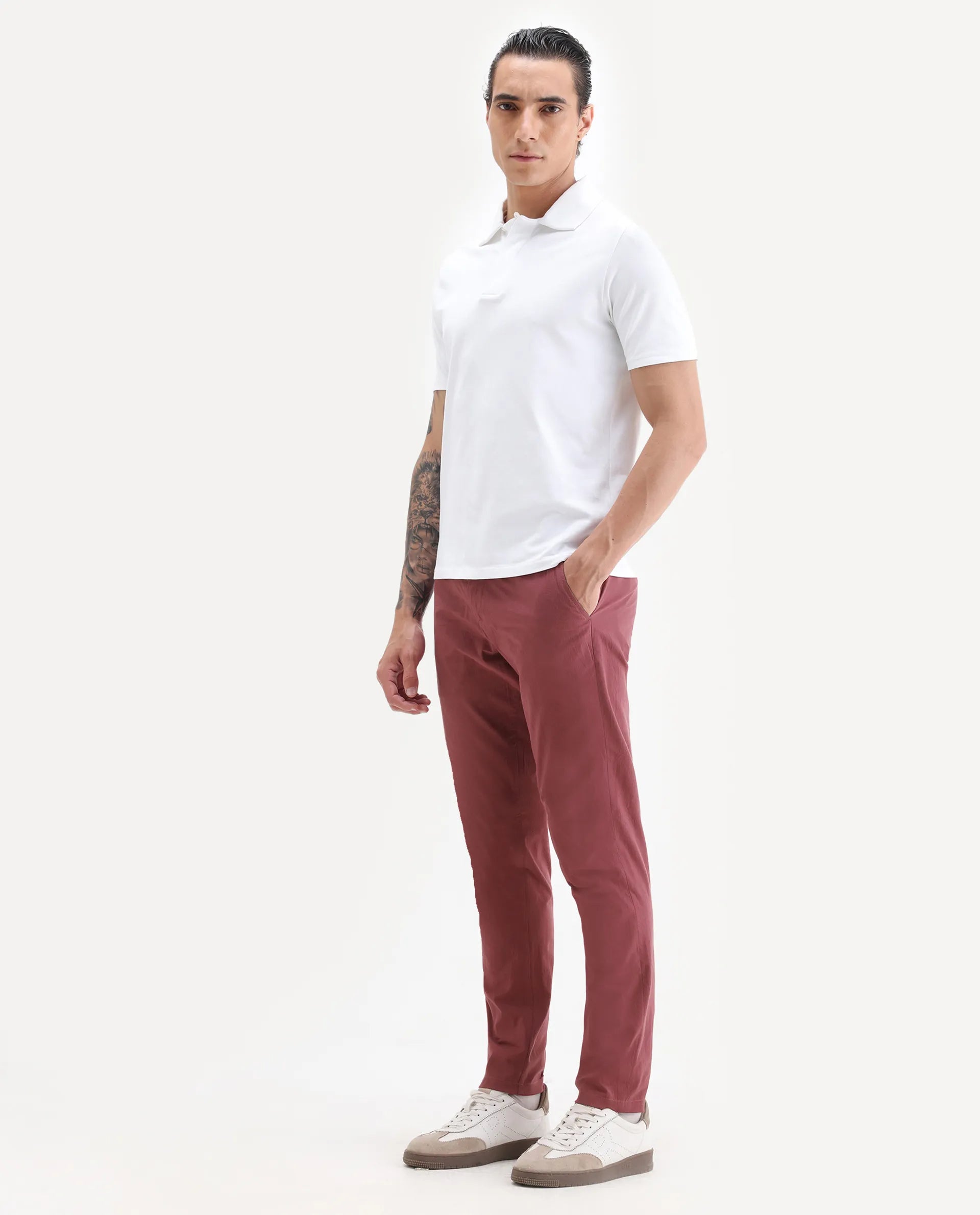 Rare Rabbit Men's Harlow Red Cotton Plain Regular Fit Trouser