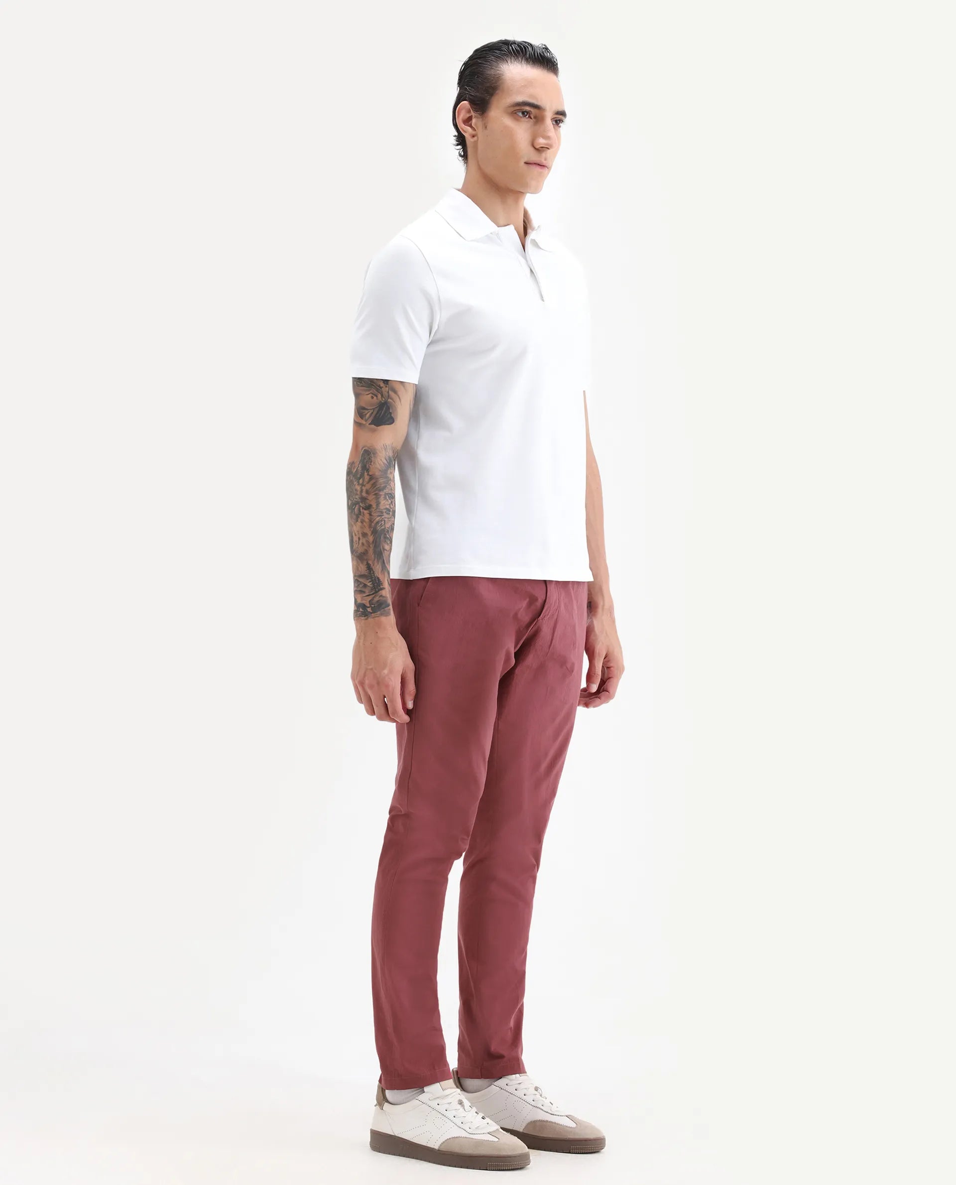 Rare Rabbit Men's Harlow Red Cotton Plain Regular Fit Trouser