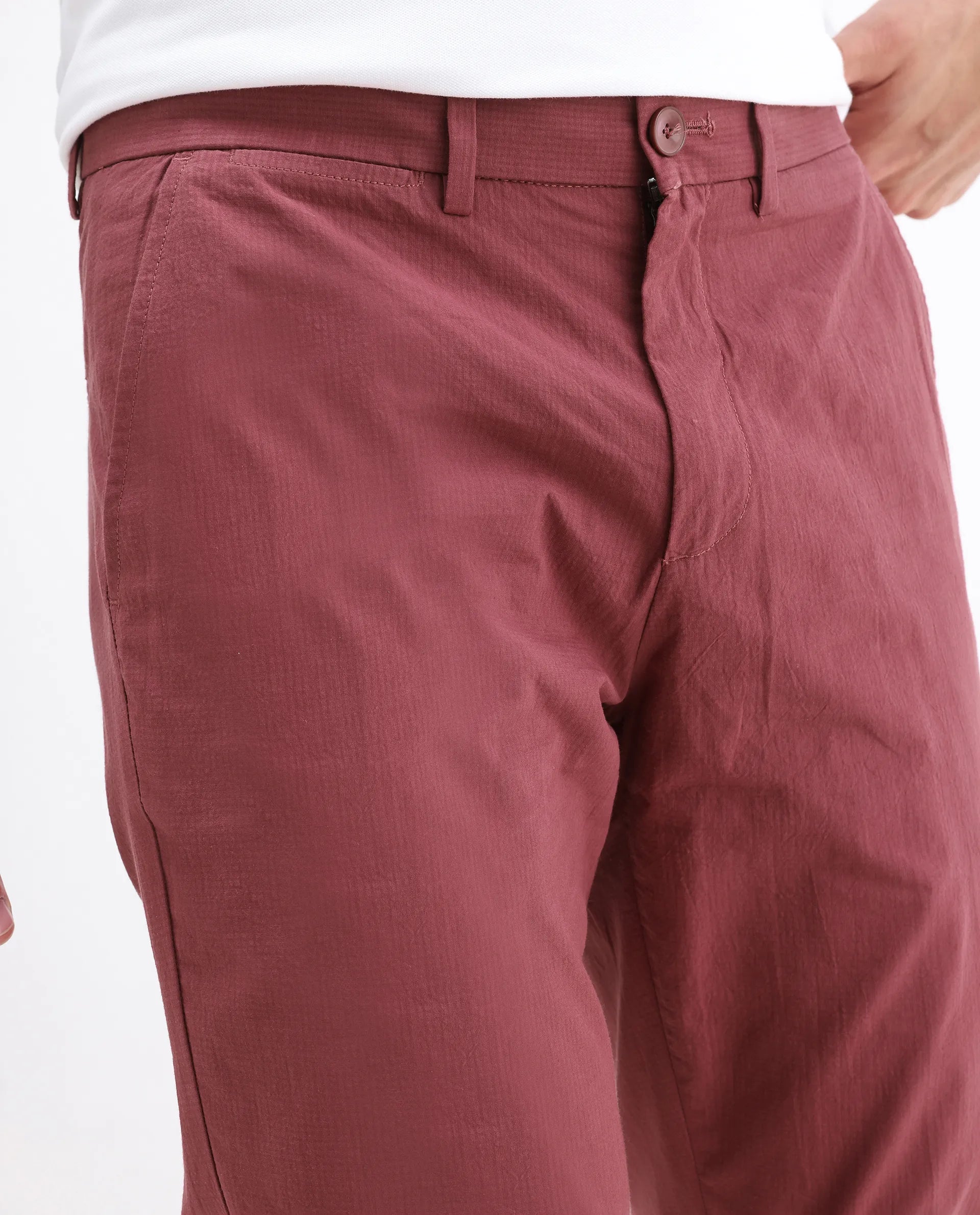 Rare Rabbit Men's Harlow Red Cotton Plain Regular Fit Trouser