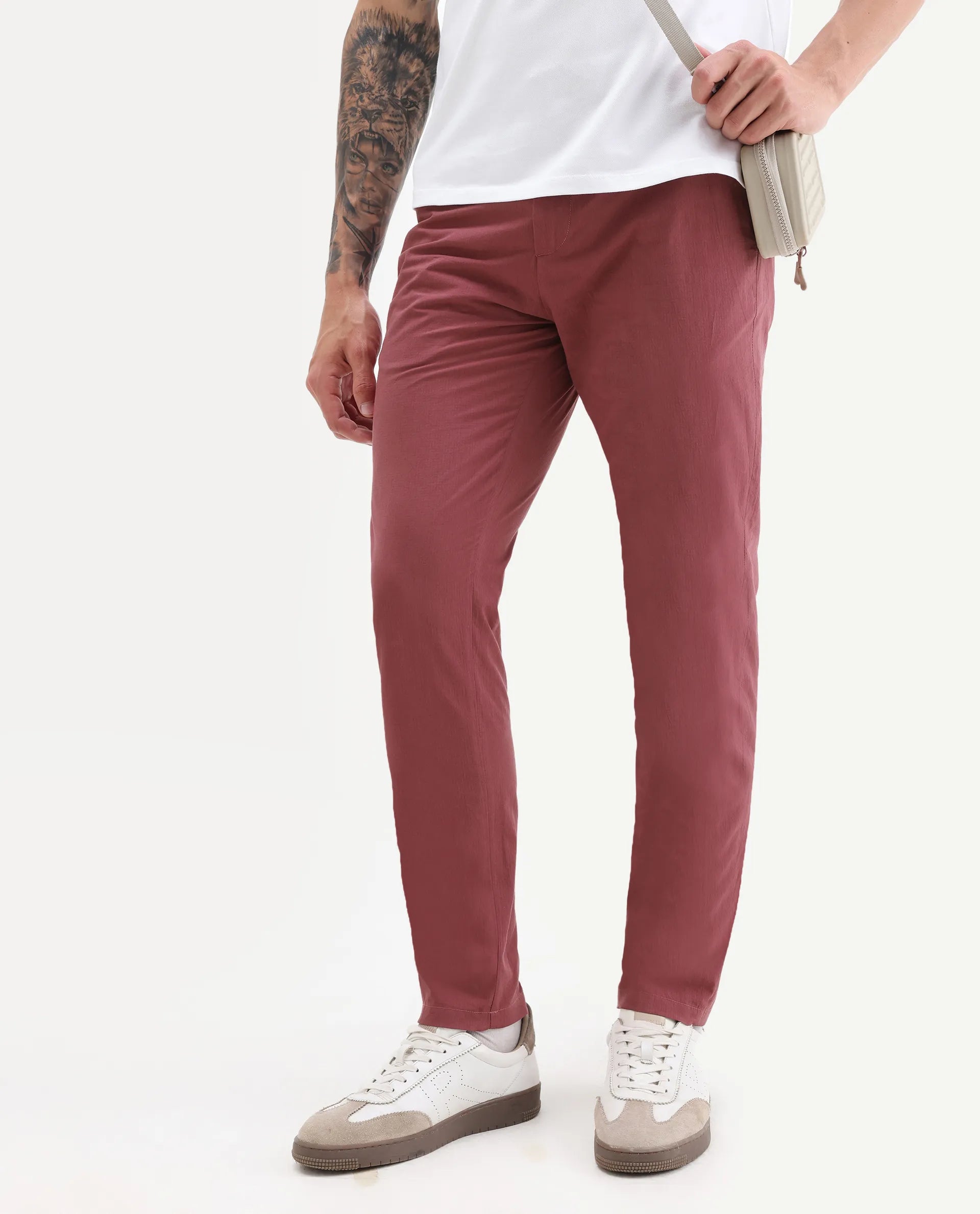 Rare Rabbit Men's Harlow Red Cotton Plain Regular Fit Trouser