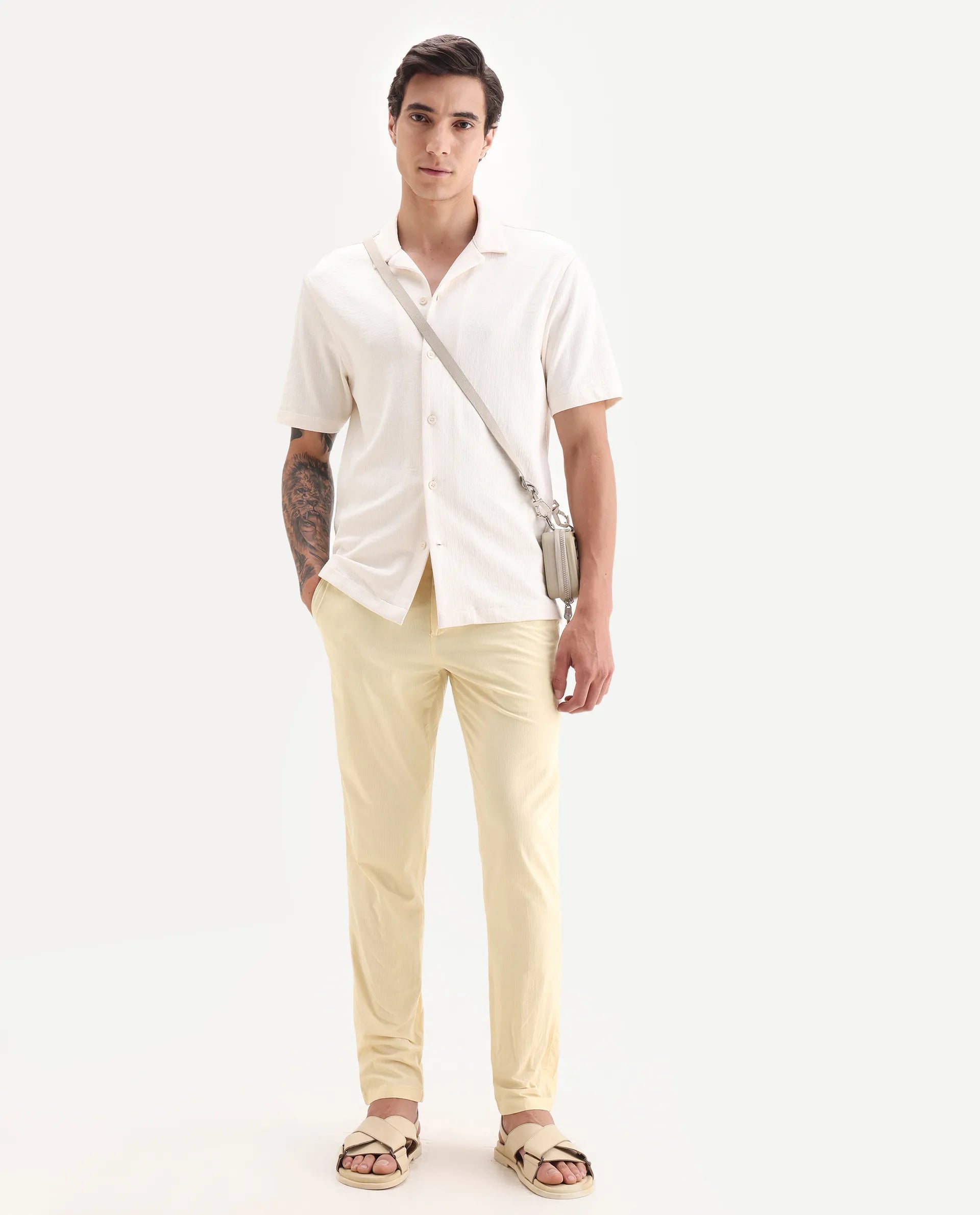 Rare Rabbit Men's Harlow Yellow Cotton Plain Regular Fit Trouser