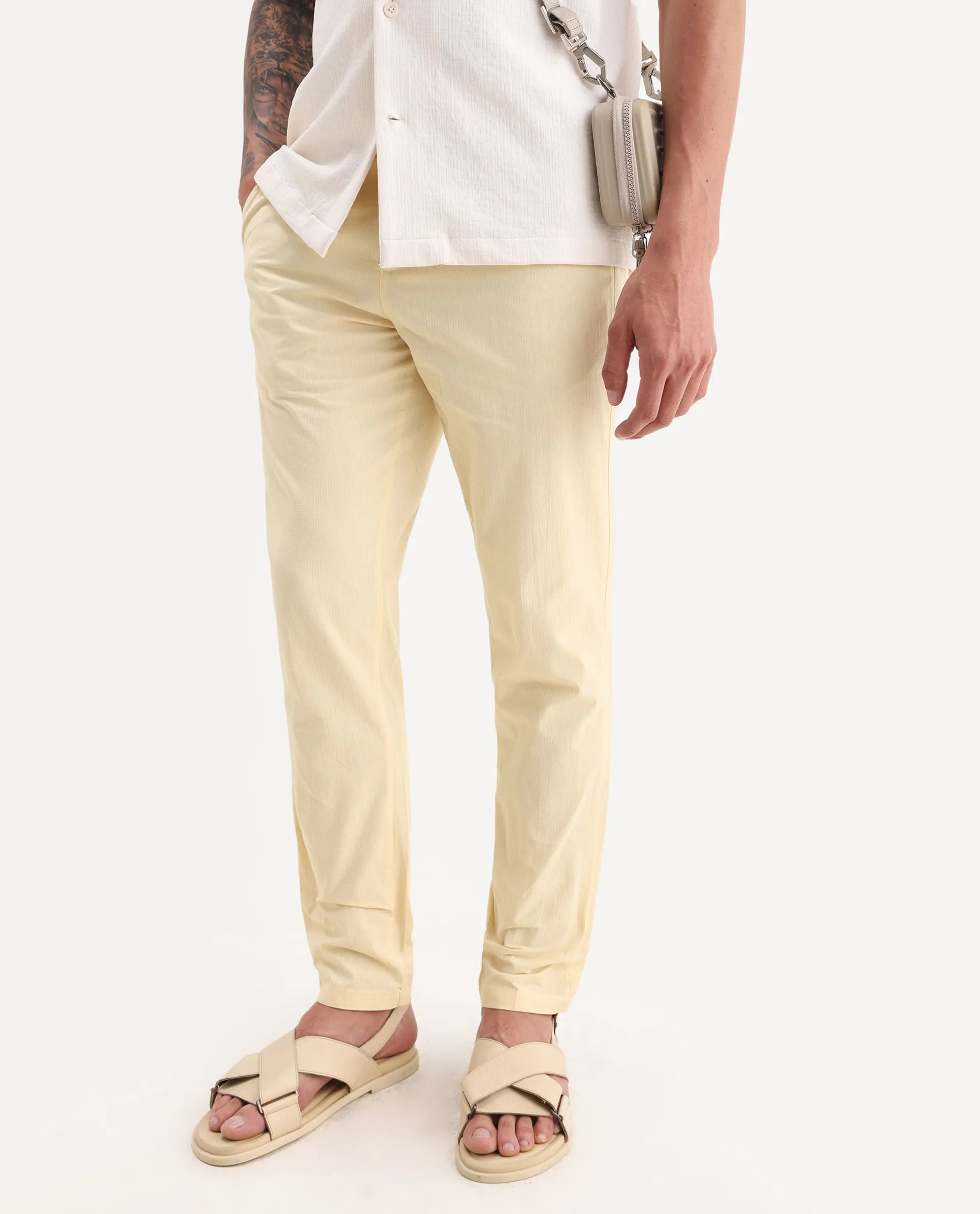 Rare Rabbit Men's Harlow Yellow Cotton Plain Regular Fit Trouser