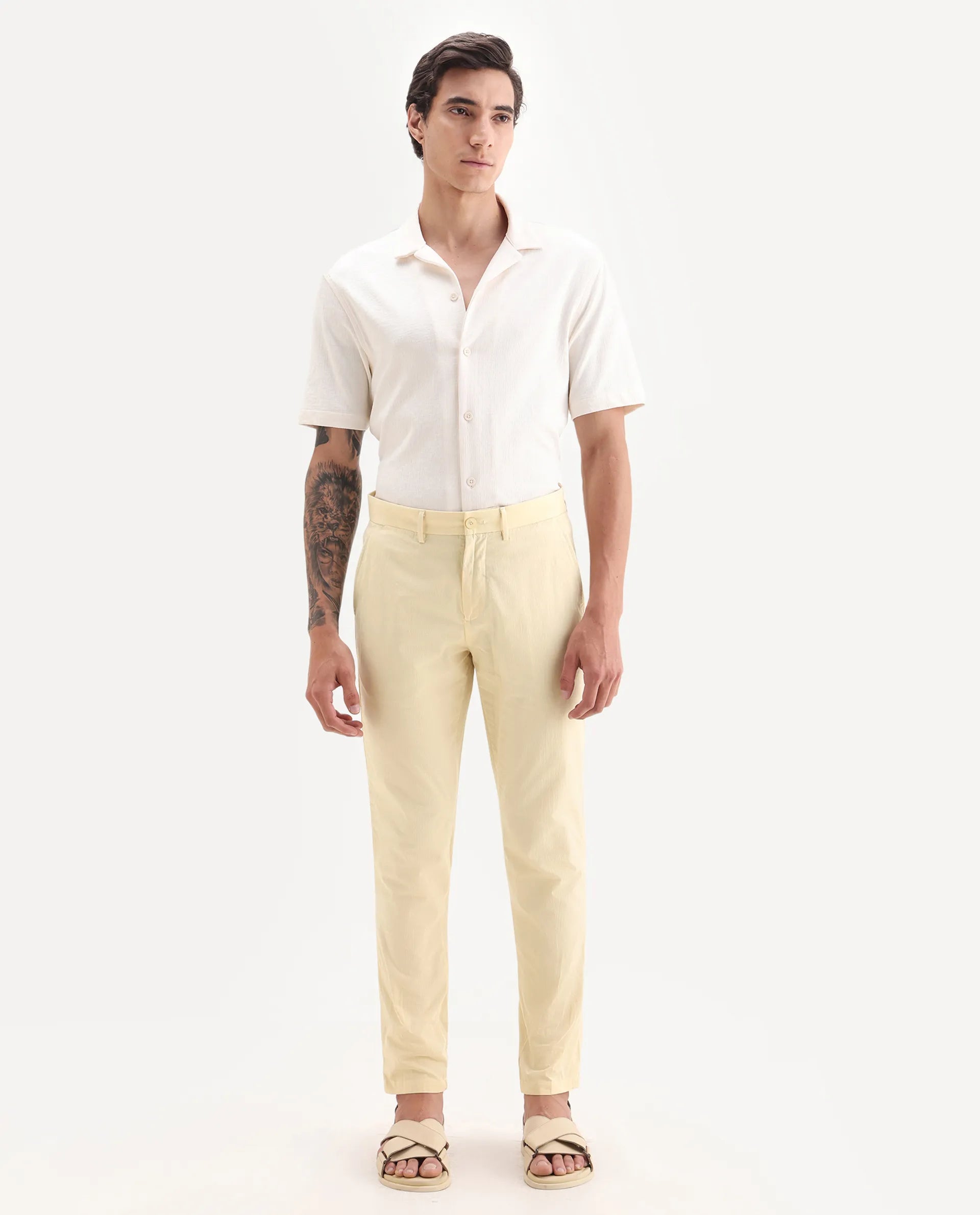 Rare Rabbit Men's Harlow Yellow Cotton Plain Regular Fit Trouser
