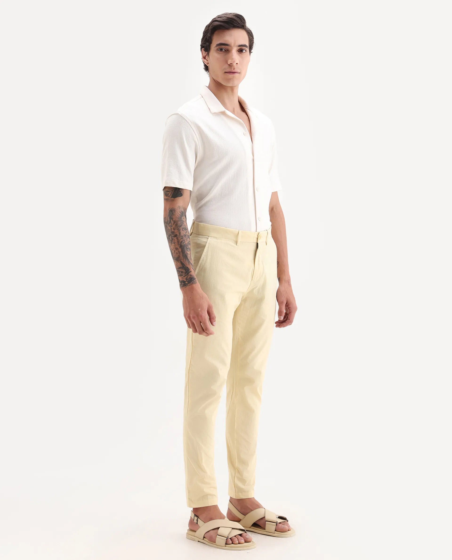 Rare Rabbit Men's Harlow Yellow Cotton Plain Regular Fit Trouser
