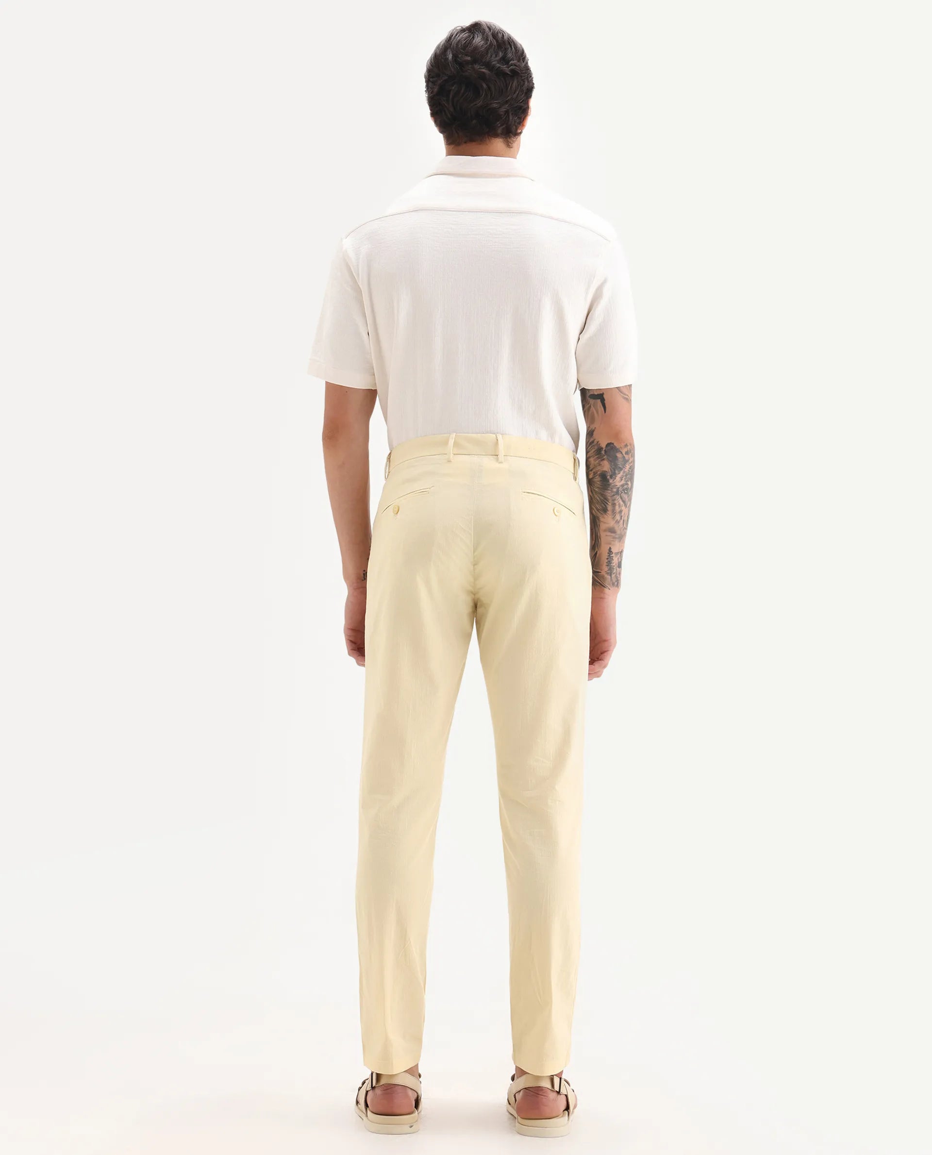 Rare Rabbit Men's Harlow Yellow Cotton Plain Regular Fit Trouser