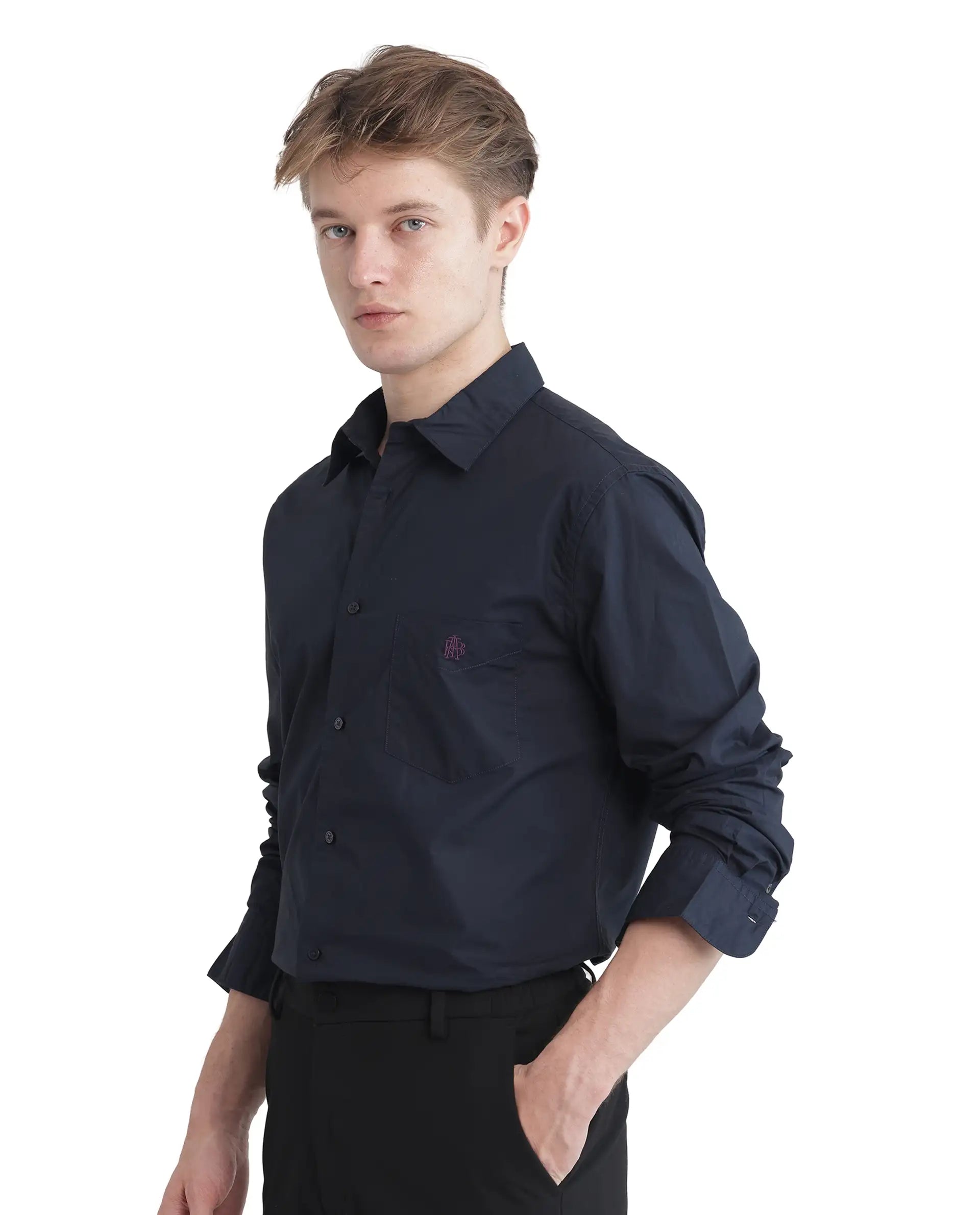 Rare Rabbit Men Harmin-25 Navy Cotton Fabric Short Sleeve Collared Neck Plain Shirt