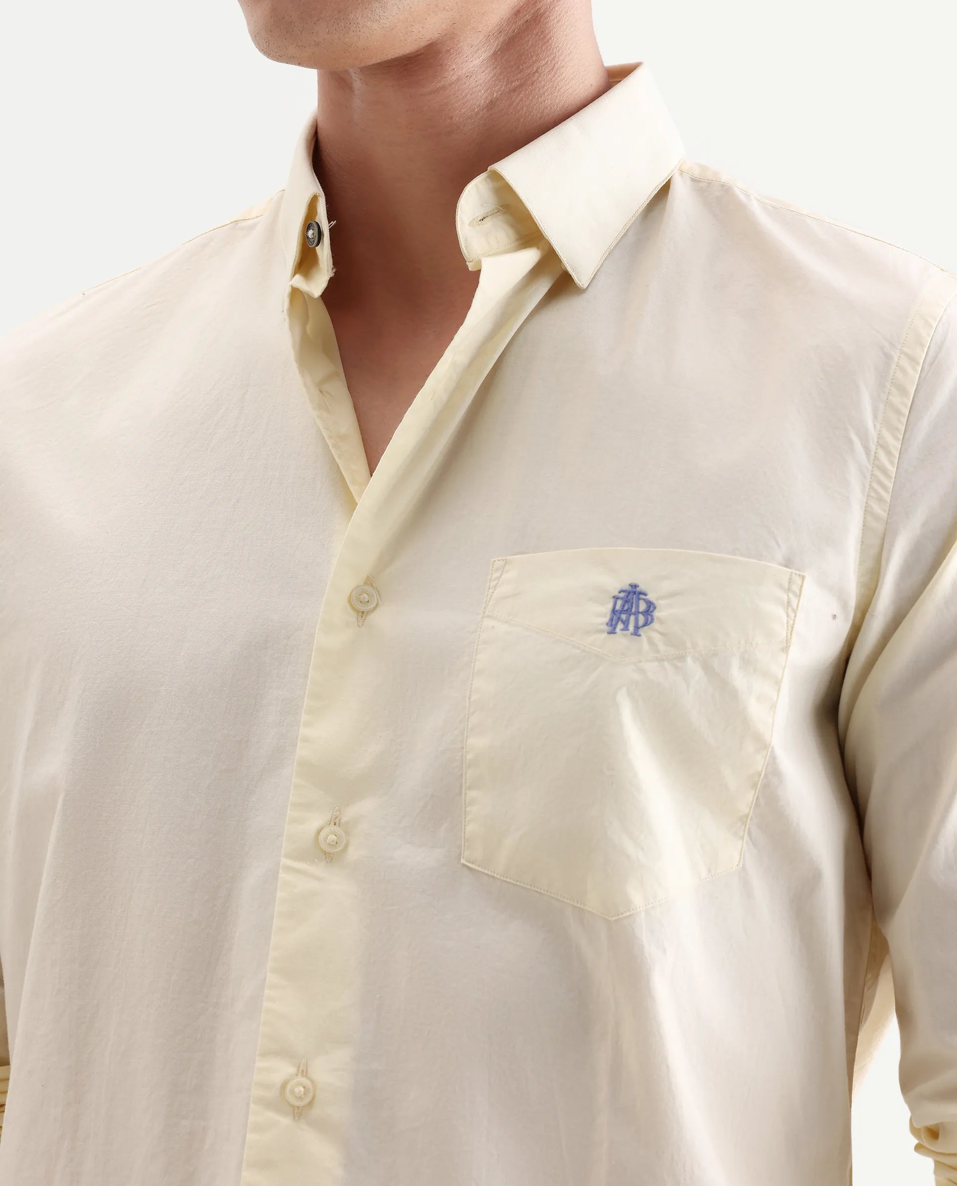 Rare Rabbit Men's Harmin Pastel Yellow Cotton Embroidered Regular Fit Full Sleeve Collared Shirt