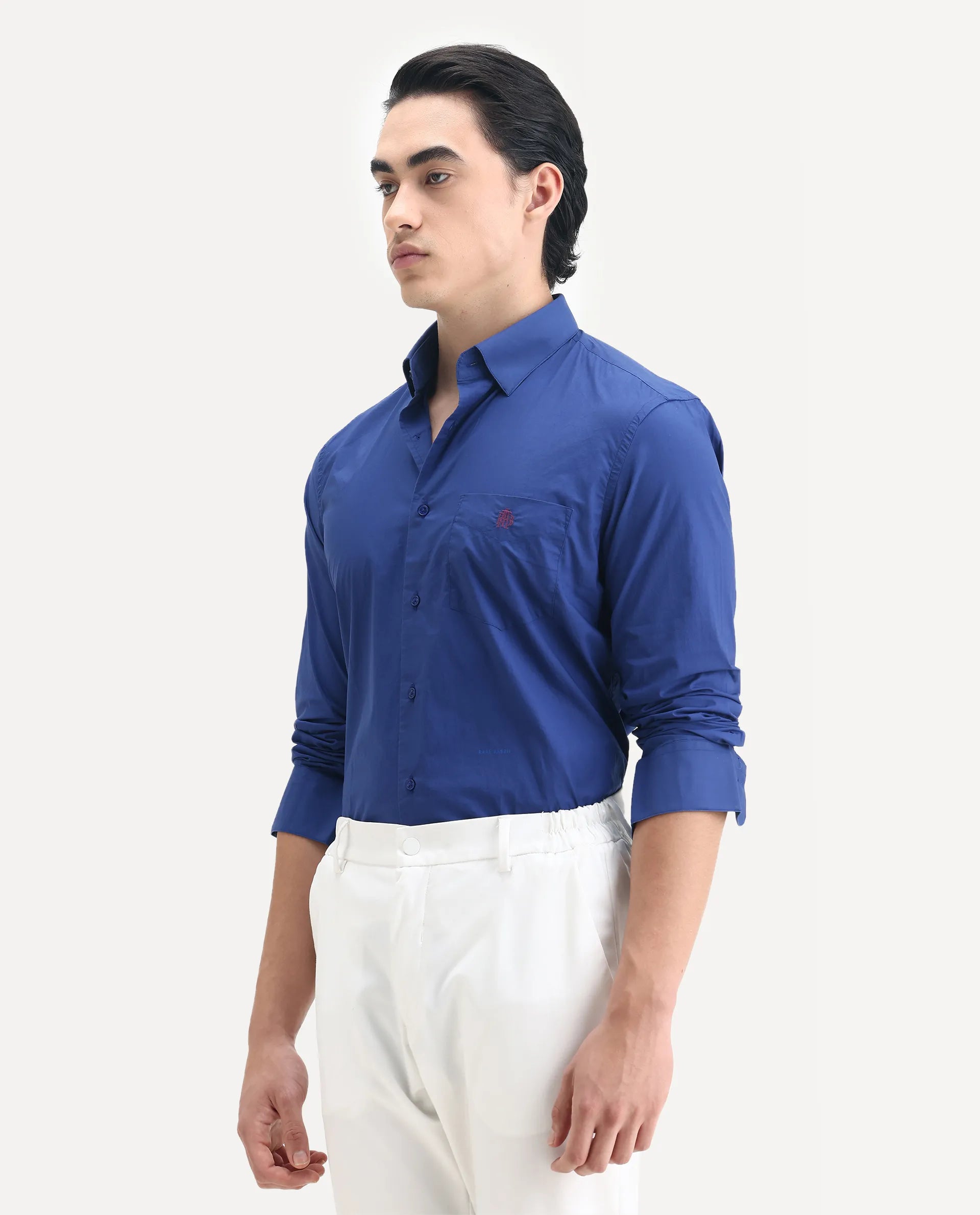 Rare Rabbit Men's Harmin Pastel Dark Blue Cotton Embroidered Regular Fit Full Sleeve Collared Shirt