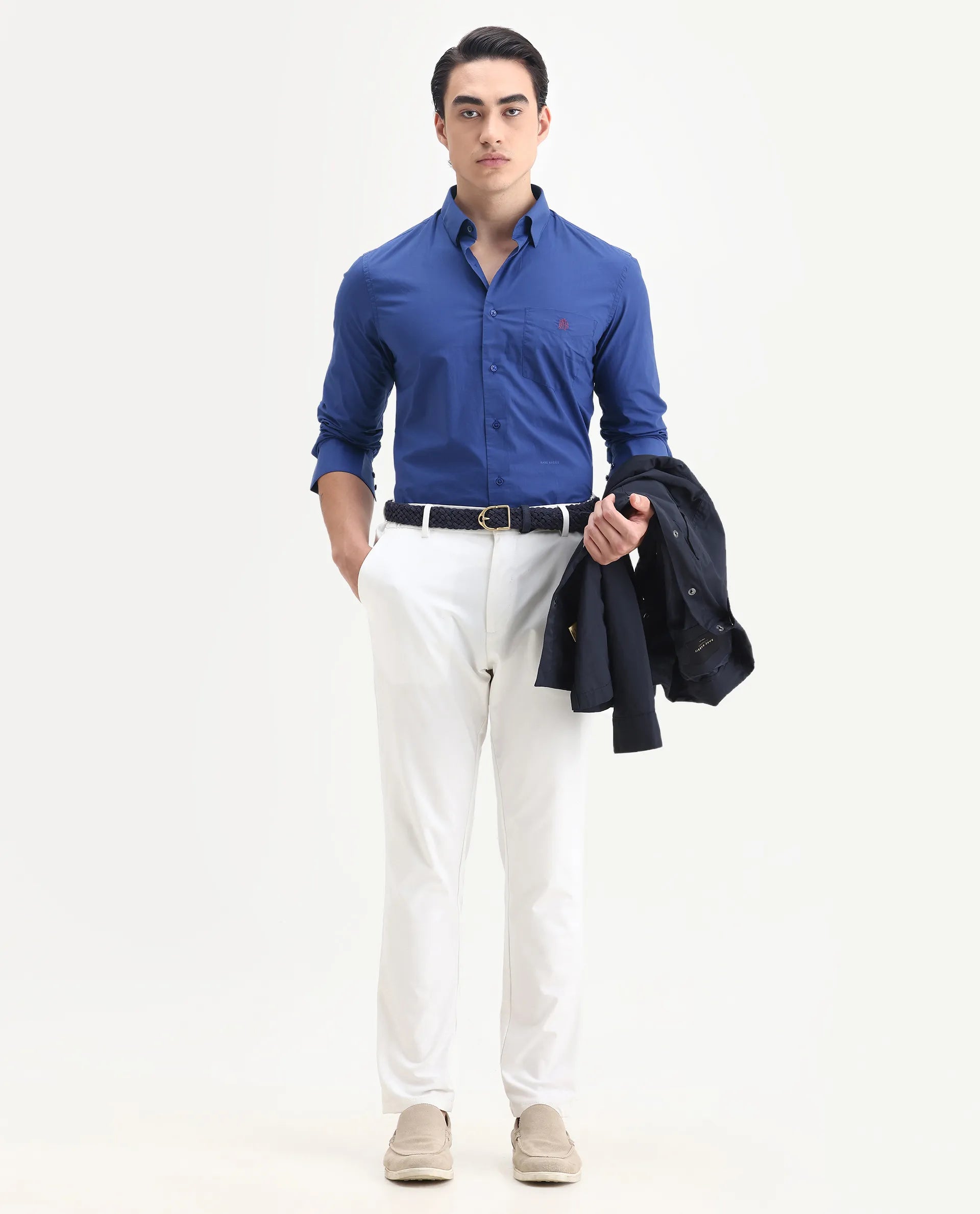 Rare Rabbit Men's Harmin Pastel Dark Blue Cotton Embroidered Regular Fit Full Sleeve Collared Shirt