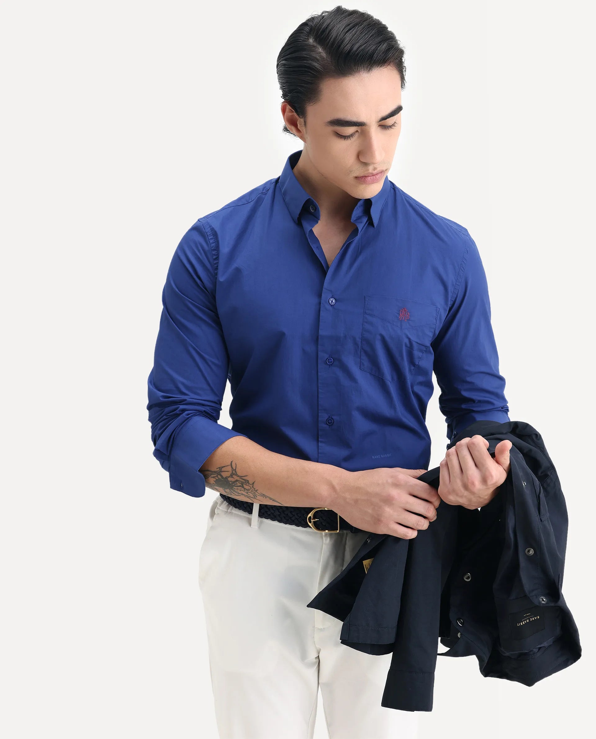 Rare Rabbit Men's Harmin Pastel Dark Blue Cotton Embroidered Regular Fit Full Sleeve Collared Shirt