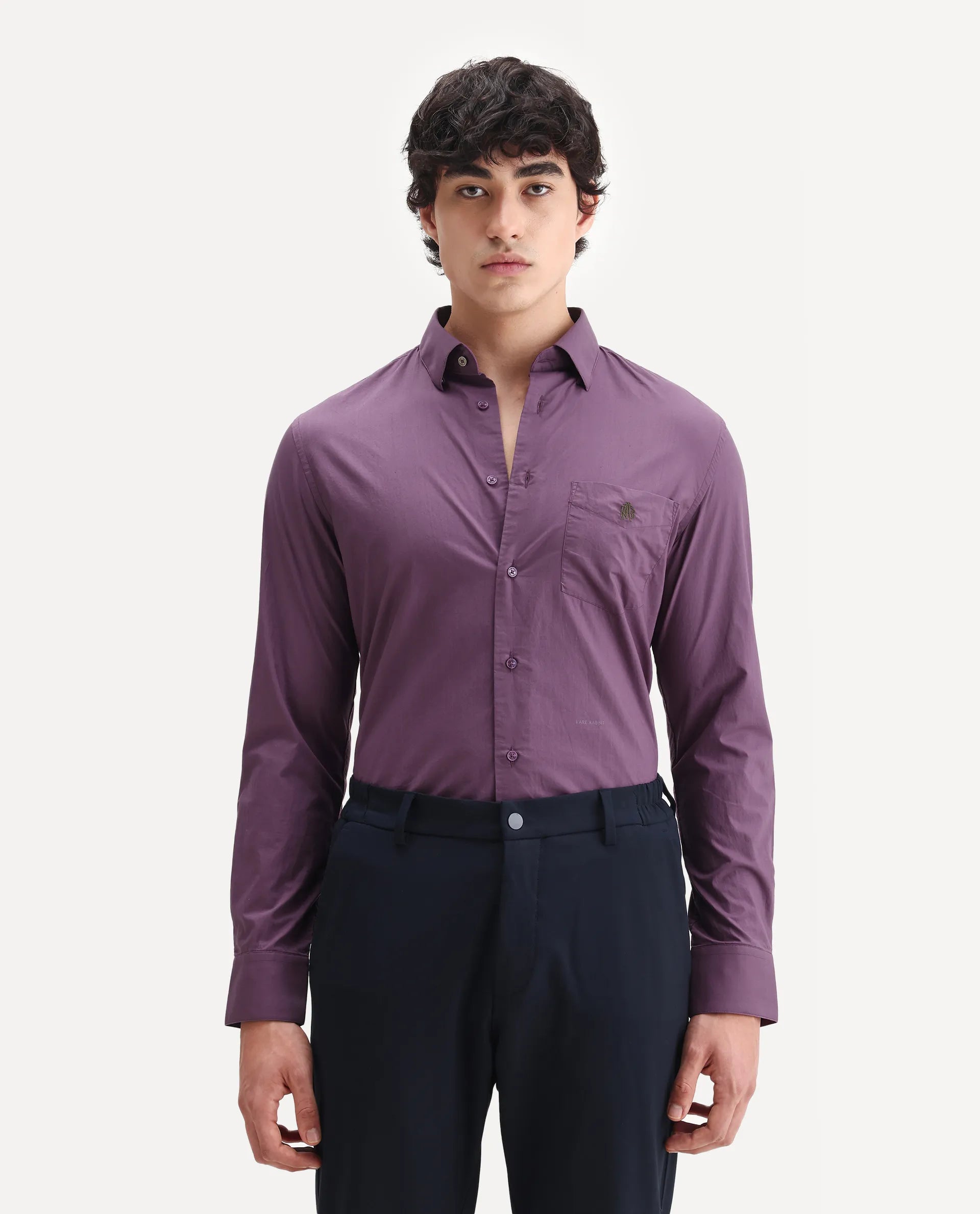 Rare Rabbit Men's Harmin Dusky Purple Cotton Embroidered Regular Fit Full Sleeve Collared Shirt