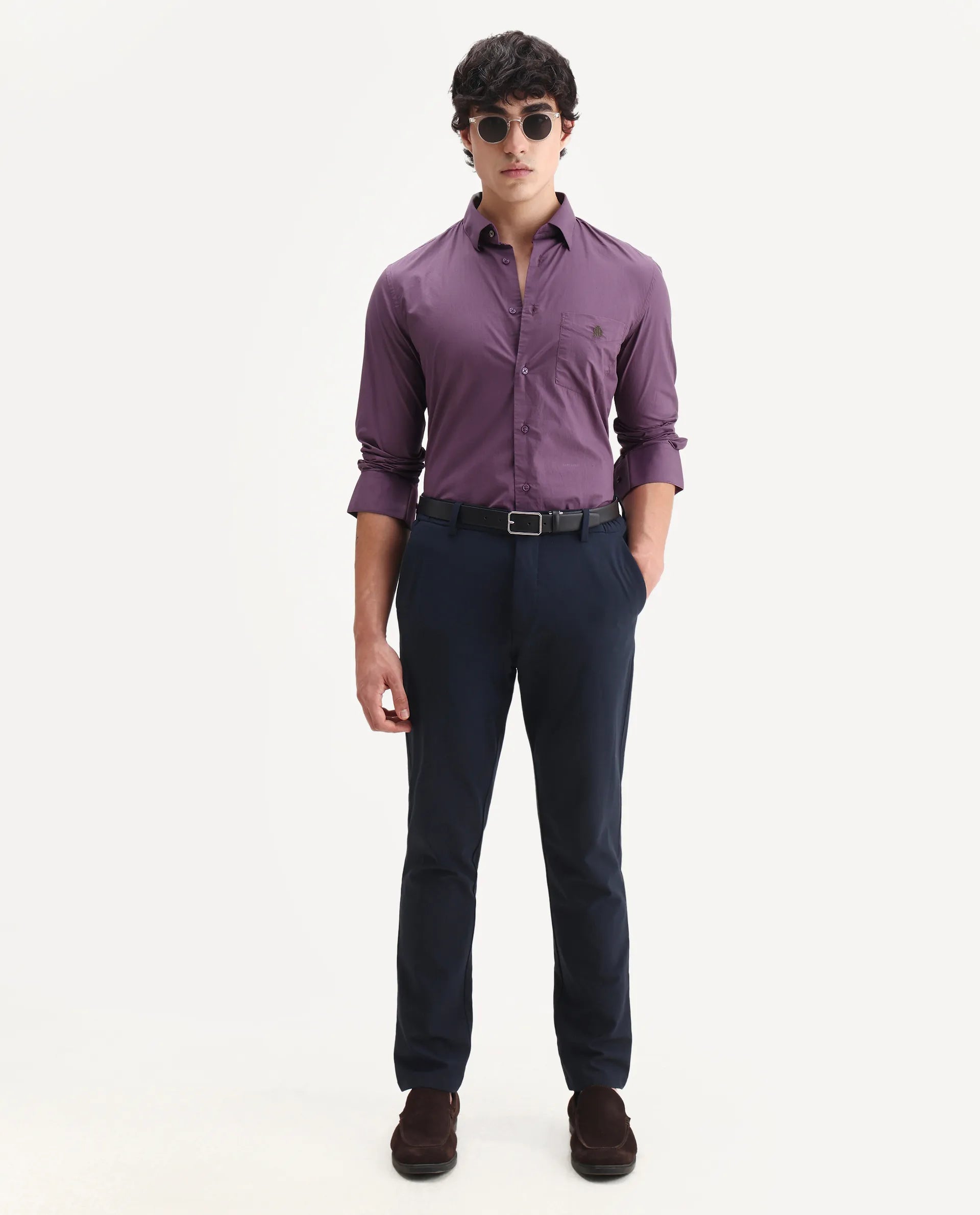 Rare Rabbit Men's Harmin Dusky Purple Cotton Embroidered Regular Fit Full Sleeve Collared Shirt