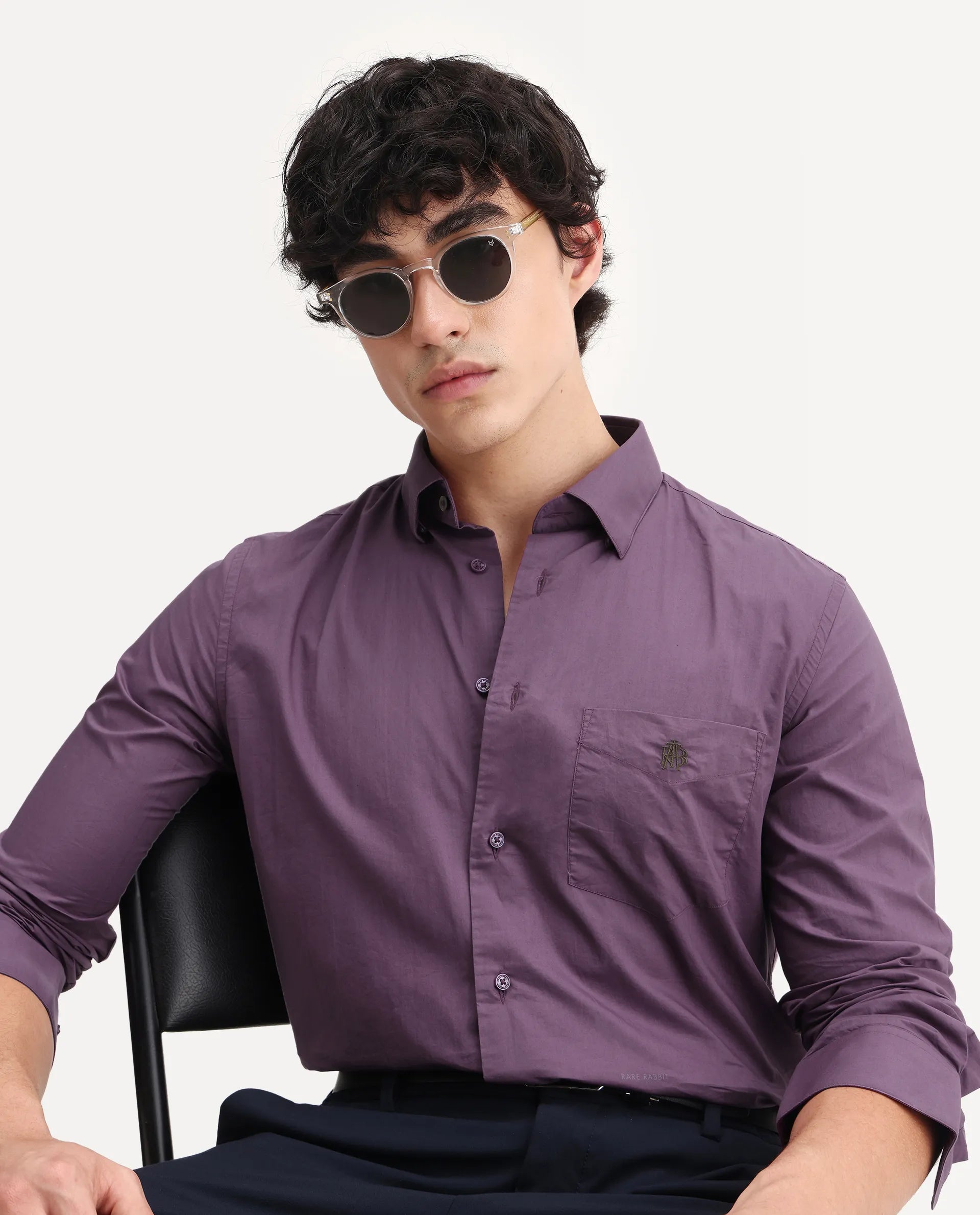 Rare Rabbit Men's Harmin Dusky Purple Cotton Embroidered Regular Fit Full Sleeve Collared Shirt