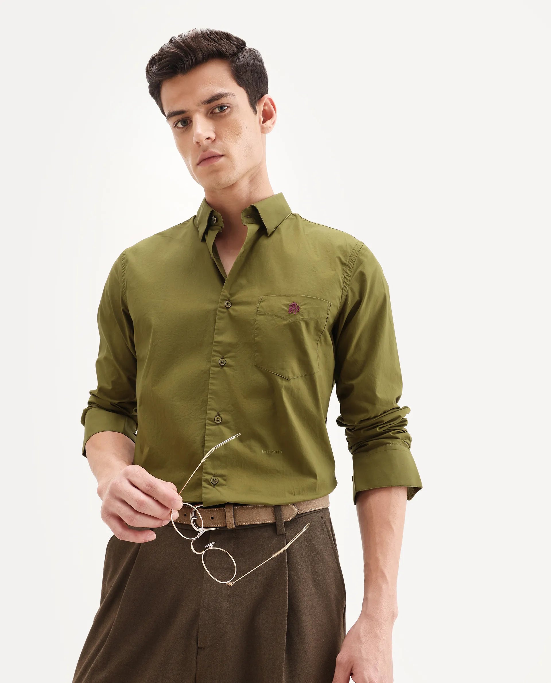 Rare Rabbit Men's Harmin Light Olive Cotton Embroidered Regular Fit Full Sleeve Collared Shirt
