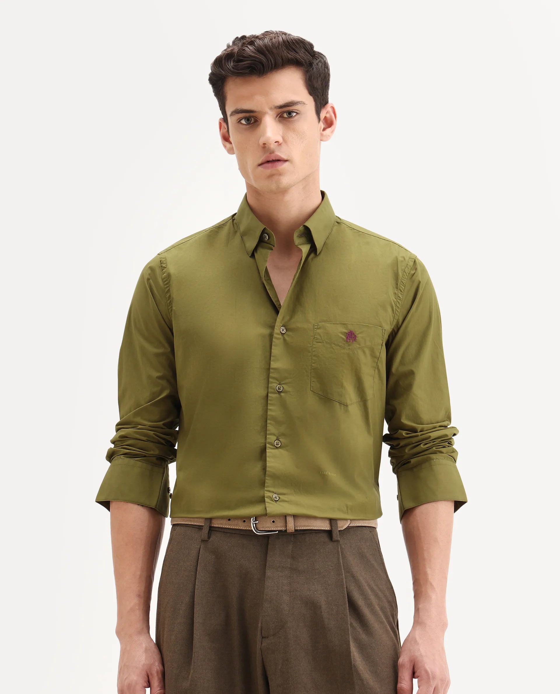 Rare Rabbit Men's Harmin Light Olive Cotton Embroidered Regular Fit Full Sleeve Collared Shirt