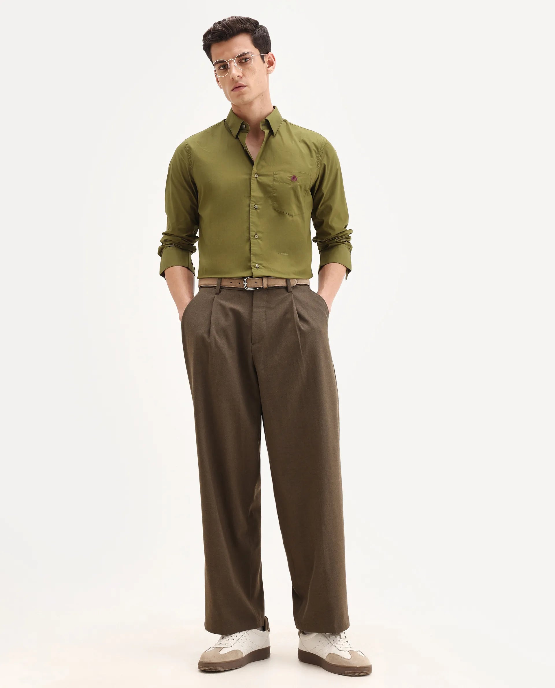 Rare Rabbit Men's Harmin Light Olive Cotton Embroidered Regular Fit Full Sleeve Collared Shirt