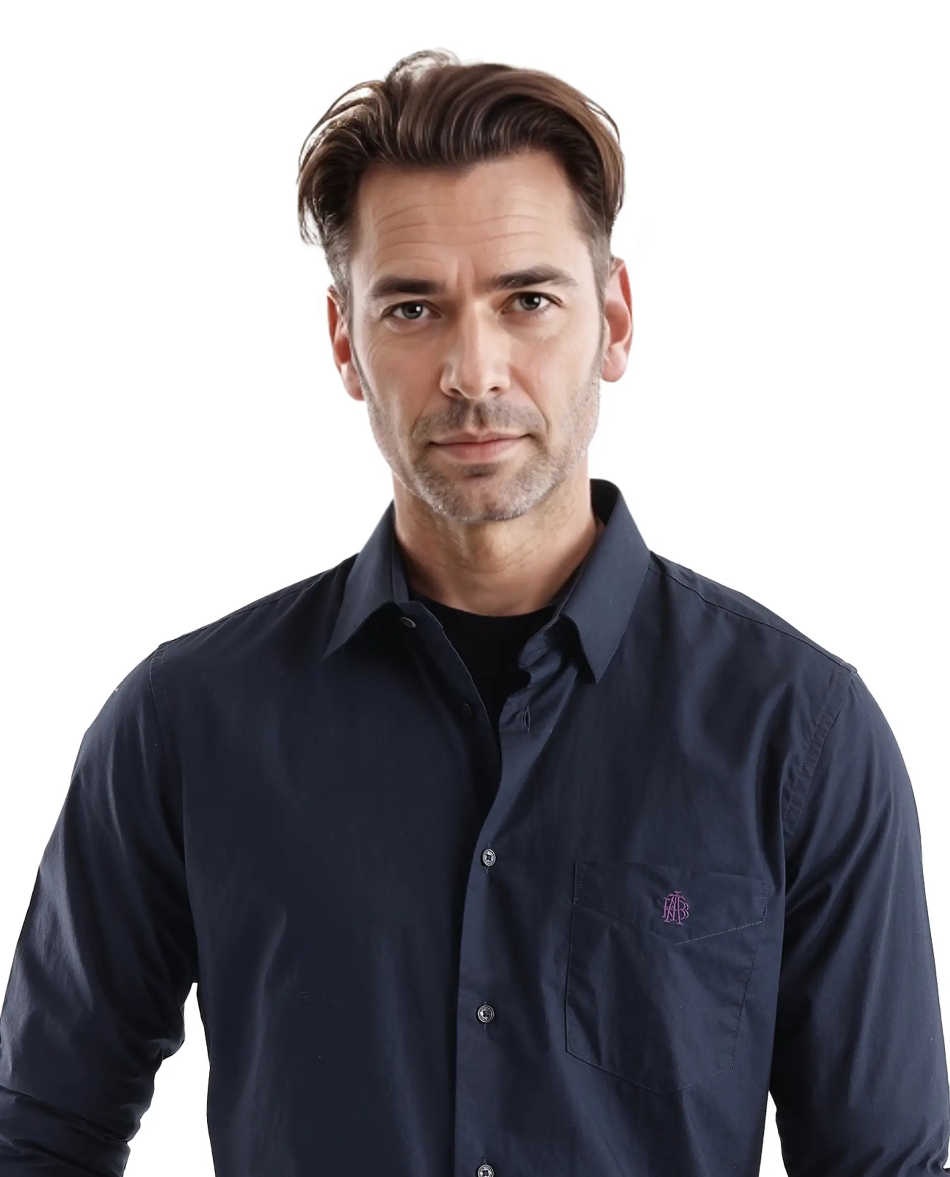 Rare Rabbit Men Harmin Navy Full Sleeve Collared Neck Button Closure Regular Fit Plain Shirt