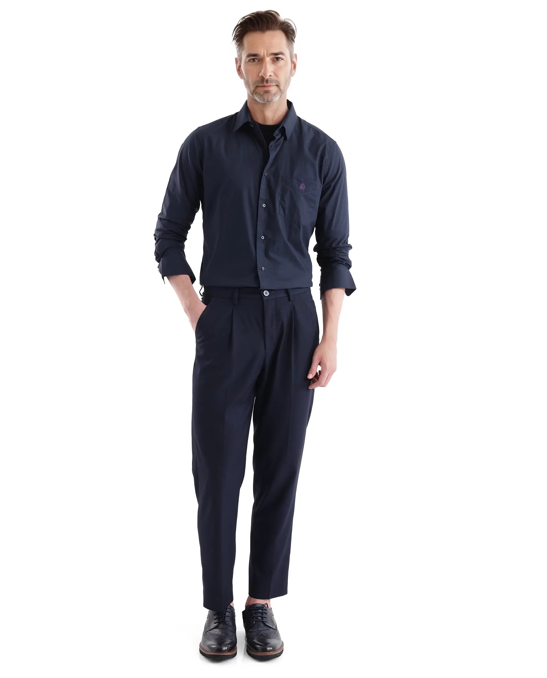 Rare Rabbit Men Harmin Navy Full Sleeve Collared Neck Button Closure Regular Fit Plain Shirt