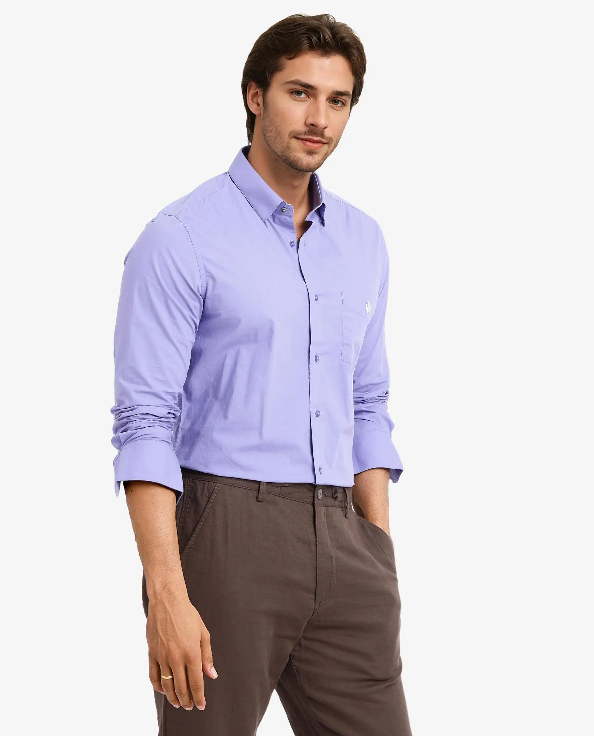 Rare Rabbit Men Harmin Pastel Purple Cotton Fabric Full Sleeve Regular Fit Embroidered Logo Plain Poplin Shirt