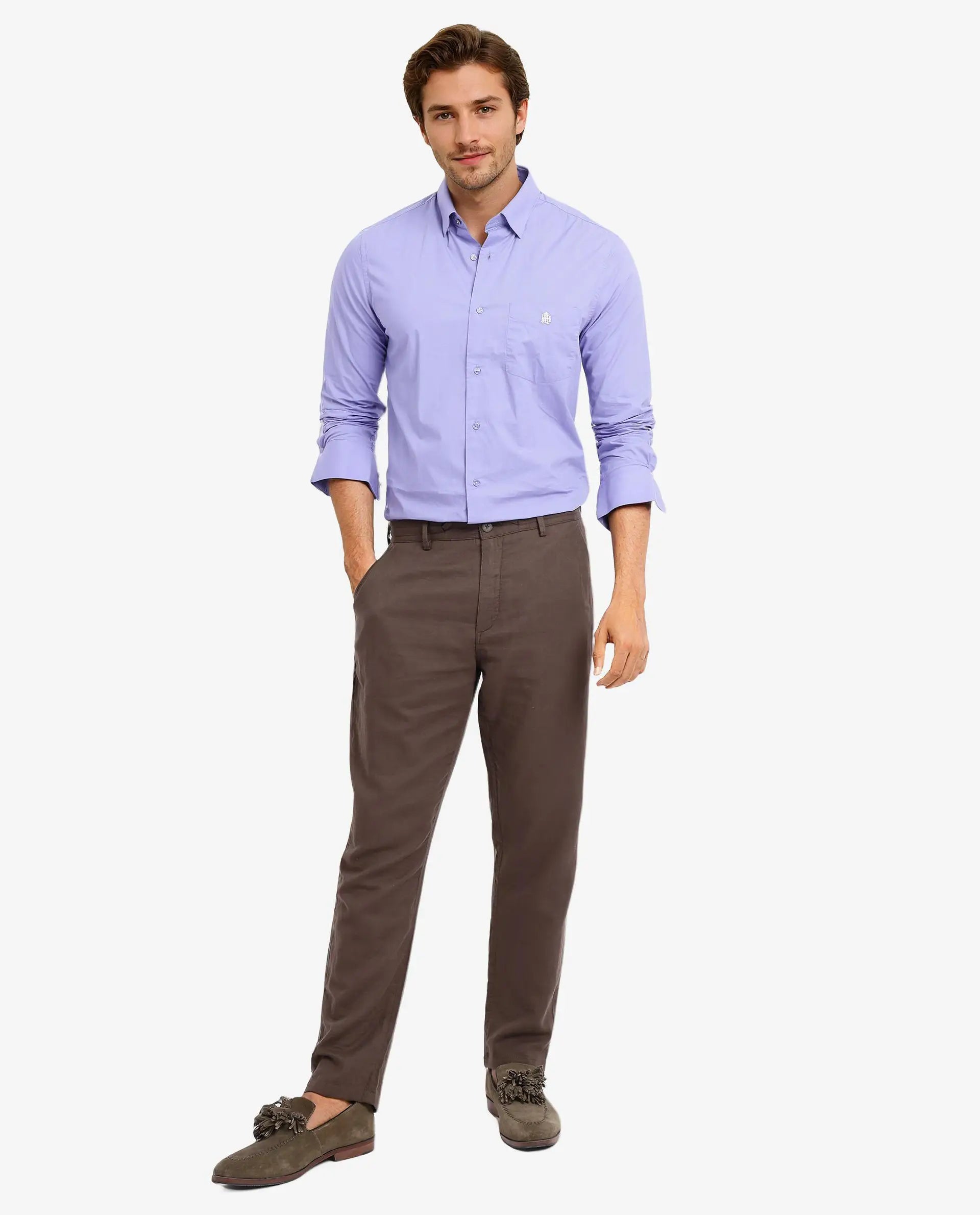 Rare Rabbit Men Harmin Pastel Purple Cotton Fabric Full Sleeve Regular Fit Embroidered Logo Plain Poplin Shirt