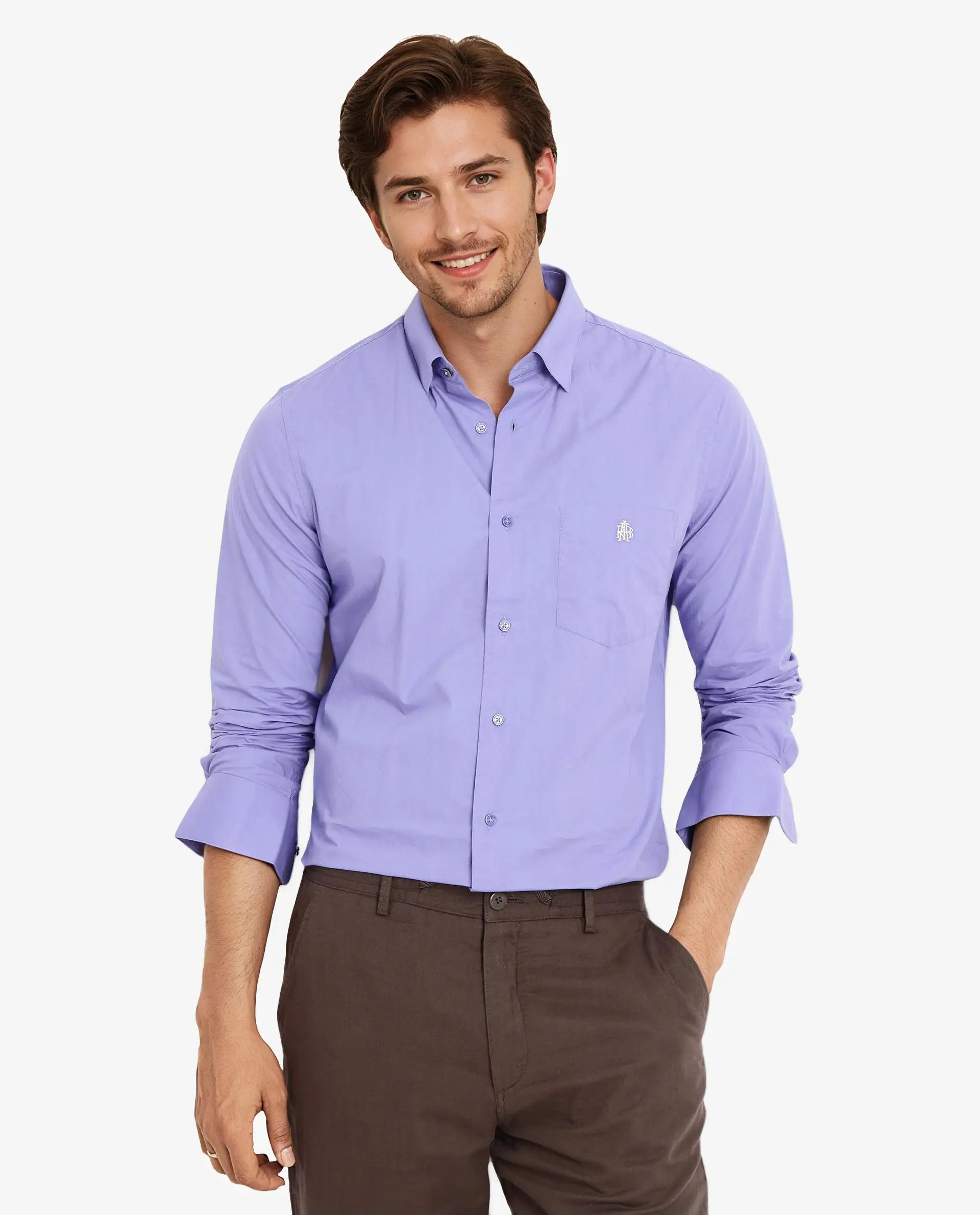 Rare Rabbit Men Harmin Pastel Purple Cotton Fabric Full Sleeve Regular Fit Embroidered Logo Plain Poplin Shirt