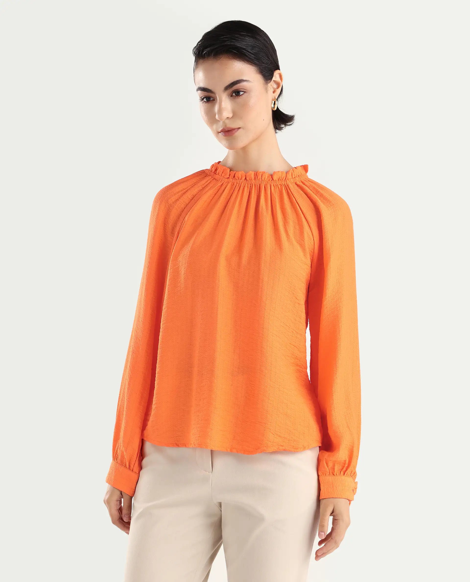 Rareism Women's Harof Dark Orange Polyester Blend High Neck Plain Balloon Sleeve Regular Fit Top