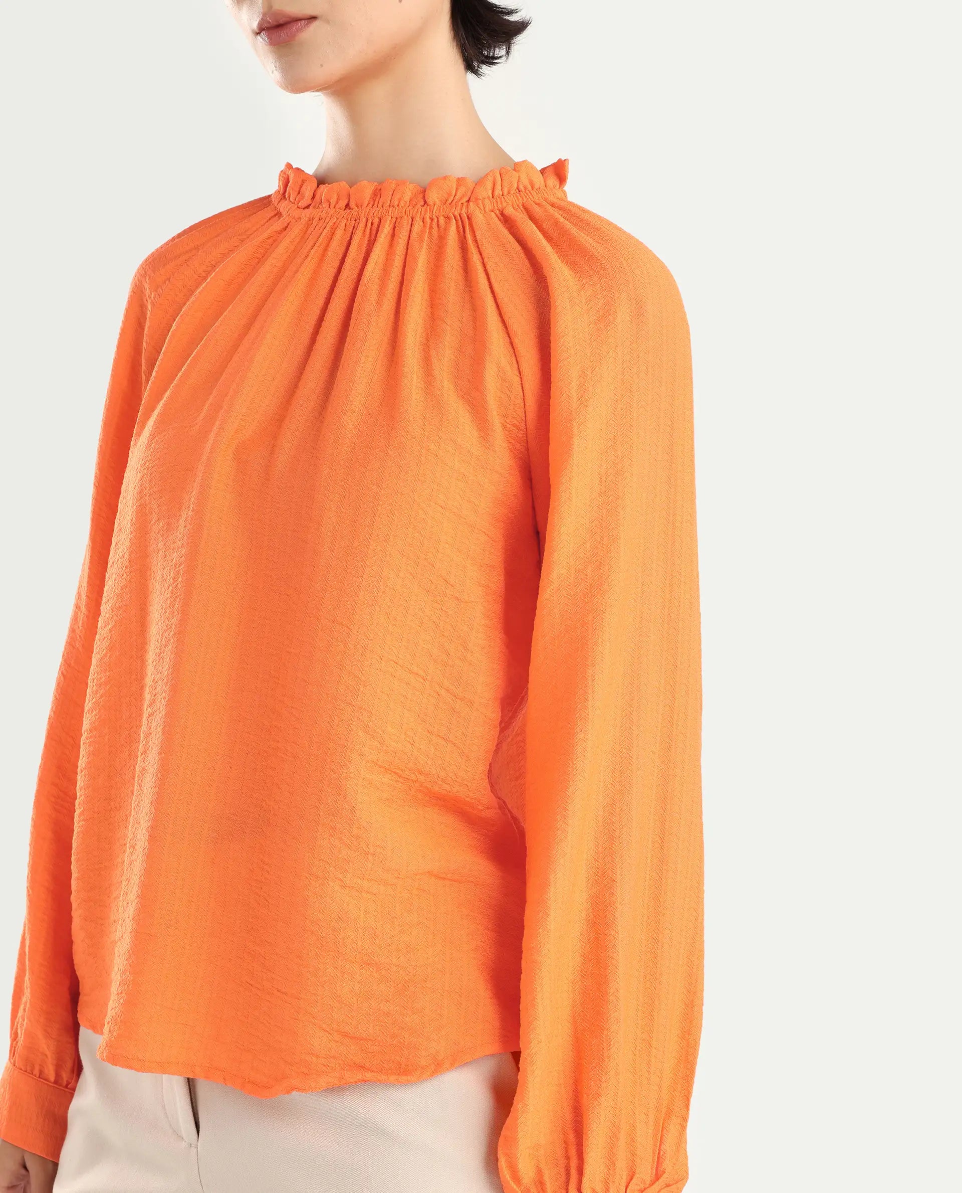 Rareism Women's Harof Dark Orange Polyester Blend High Neck Plain Balloon Sleeve Regular Fit Top