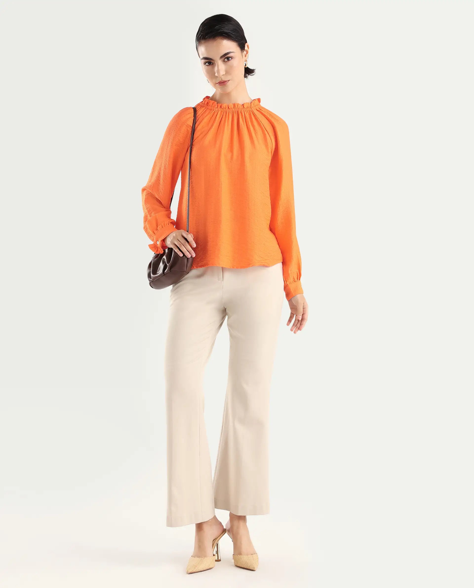 Rareism Women's Harof Dark Orange Polyester Blend High Neck Plain Balloon Sleeve Regular Fit Top