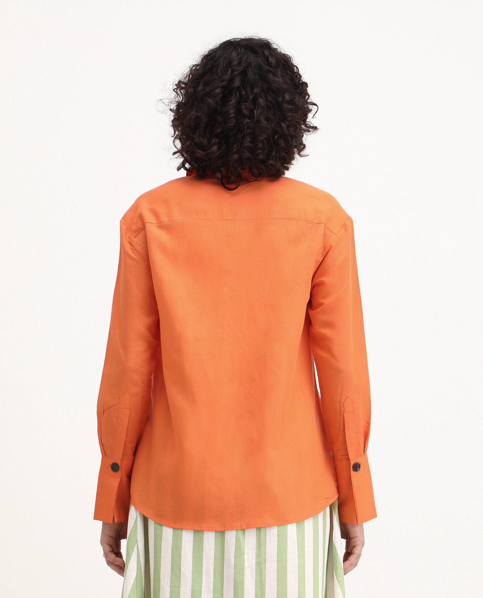 Rareism Women's Harper Orange Linen Spread Collar Plain Regular Fit Top