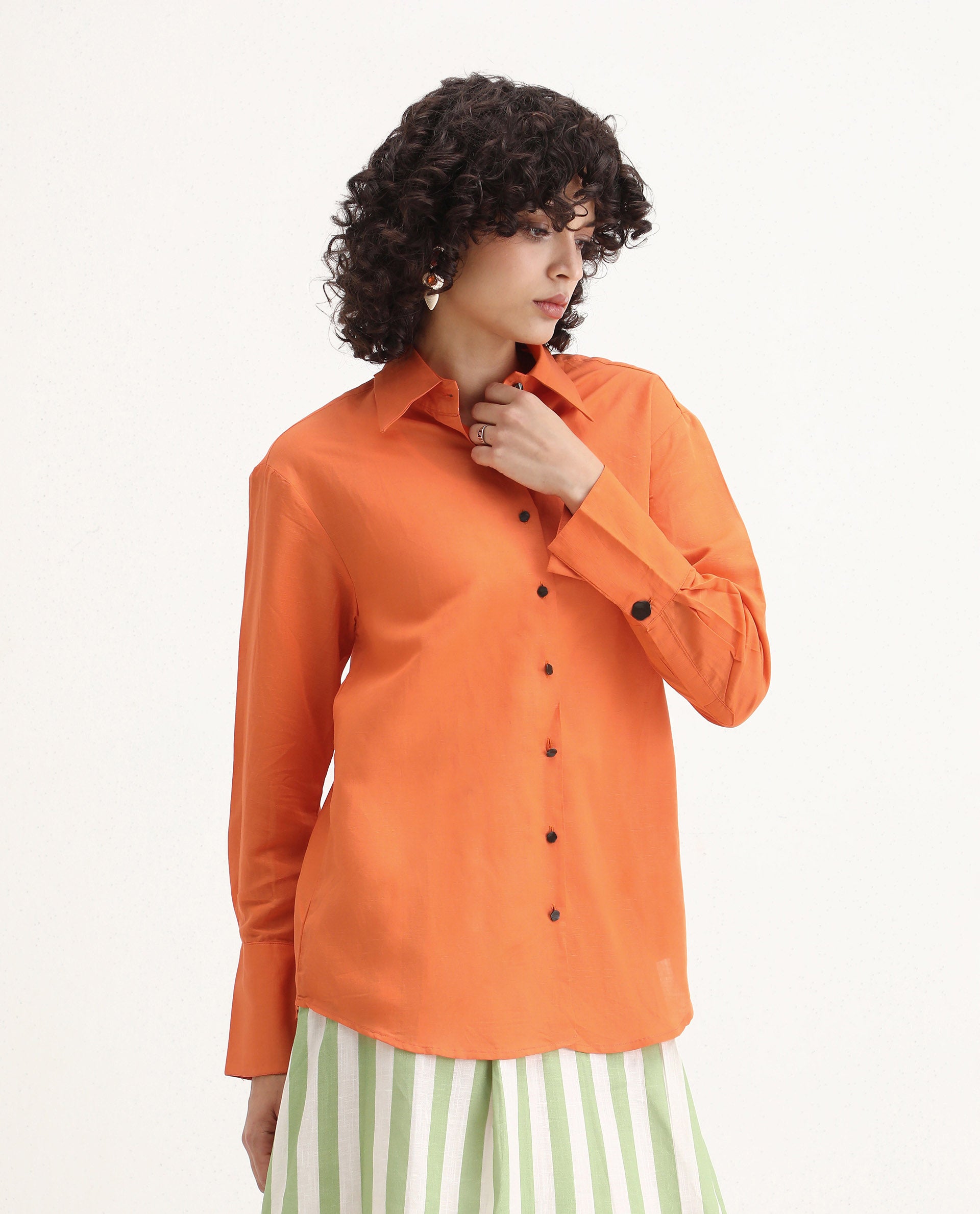 Rareism Women's Harper Orange Linen Spread Collar Plain Regular Fit Top