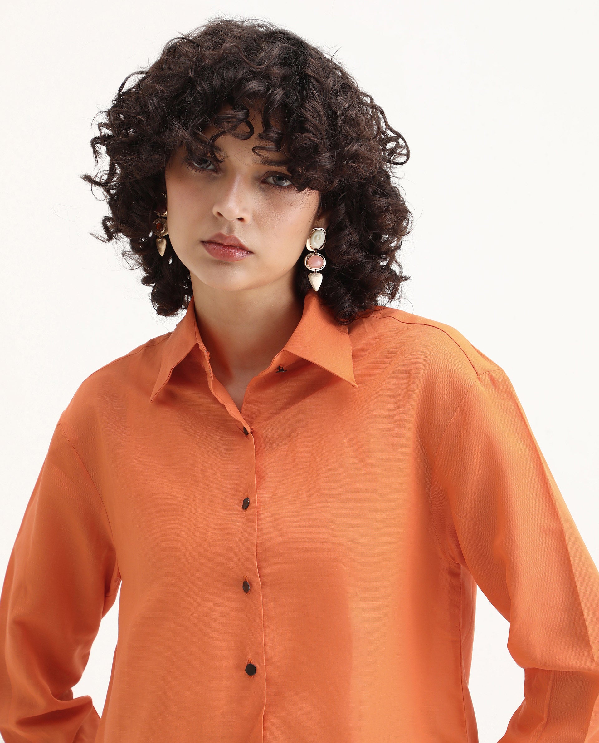 Rareism Women's Harper Orange Linen Spread Collar Plain Regular Fit Top