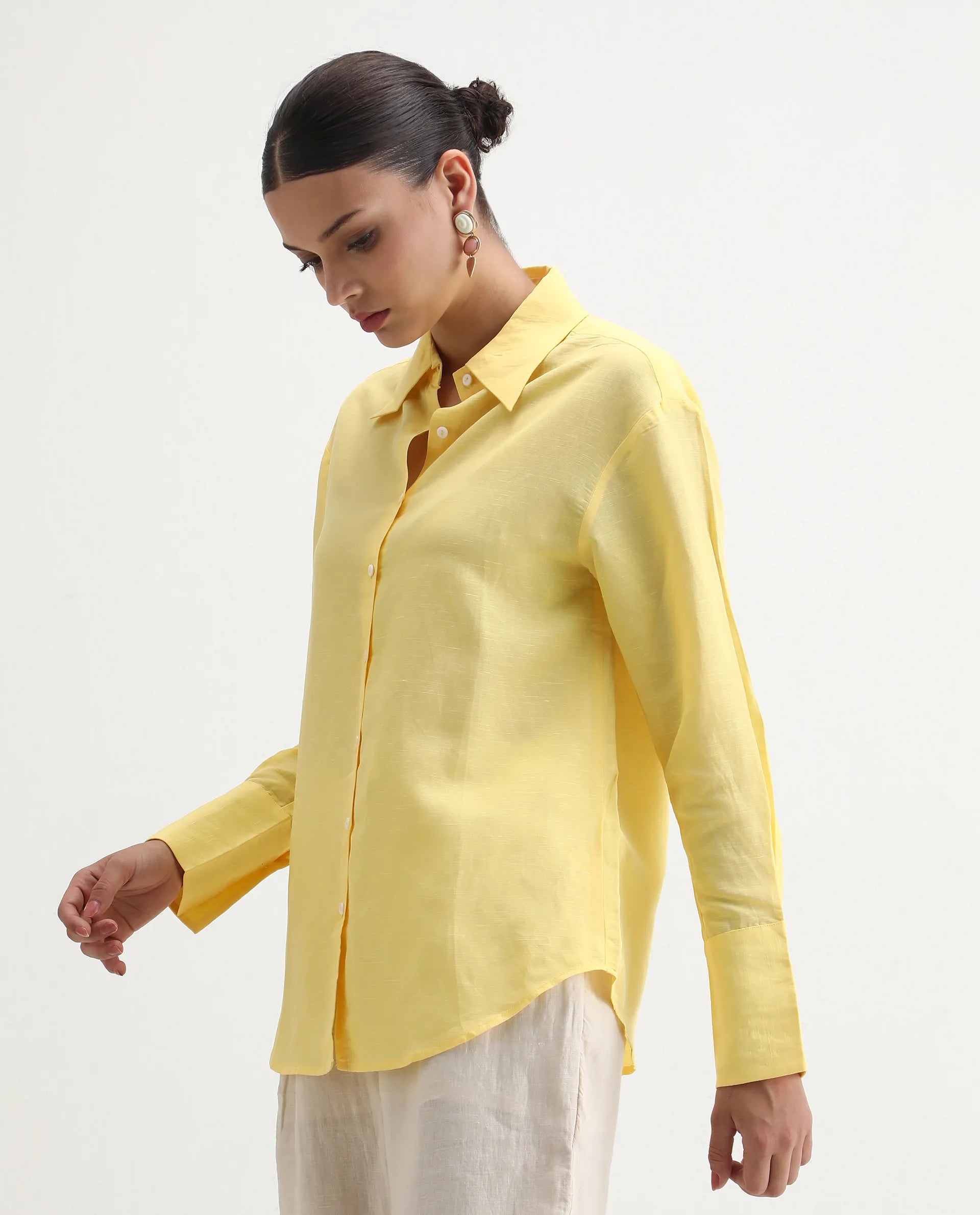 Rareism Women's Harper Yellow Linen Spread Collar Plain Regular Fit Shirt