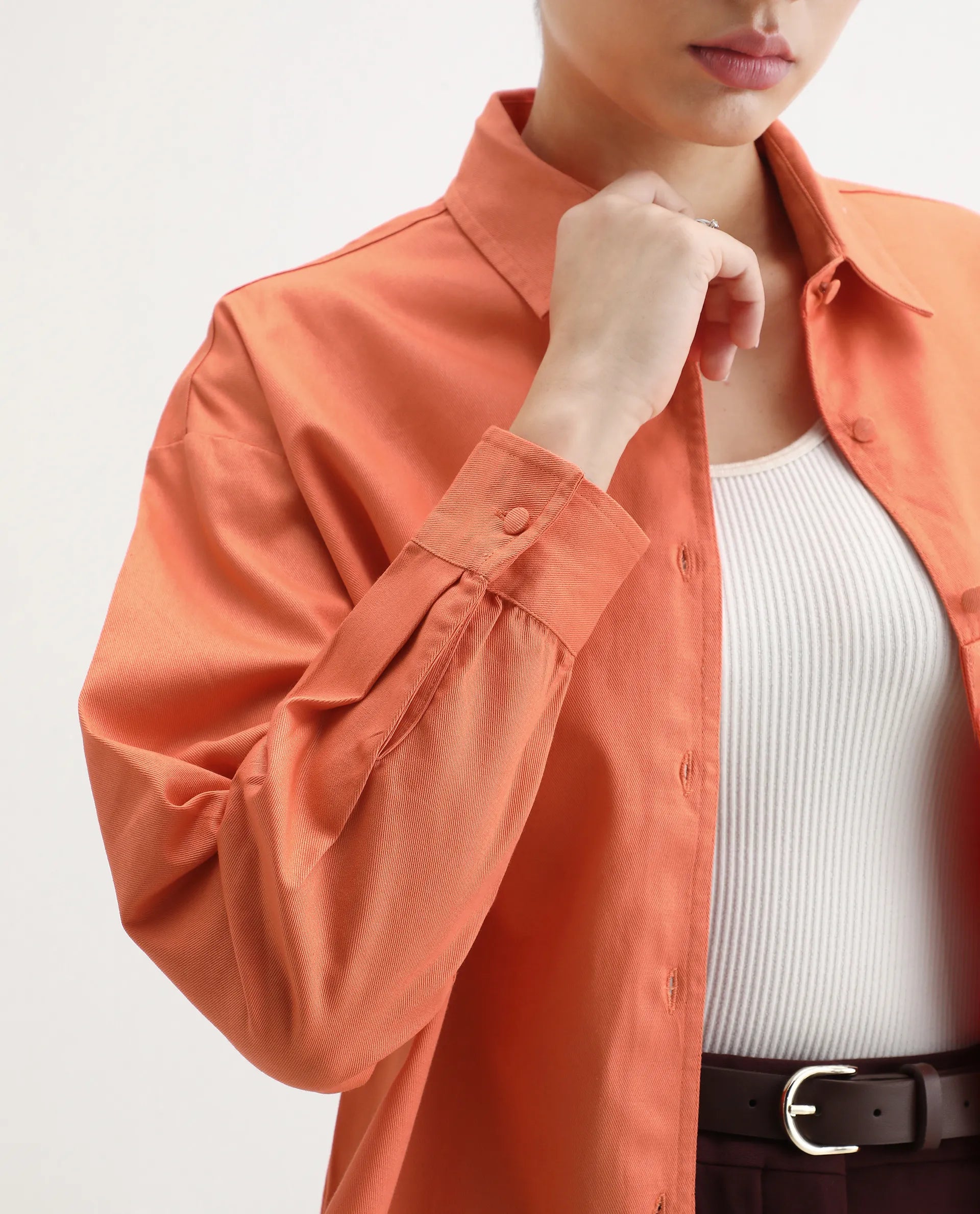 Rareism Women's Harrila Orange Cotton Drop Collar Plain Cuffed Sleeve Regular Fit Shirt