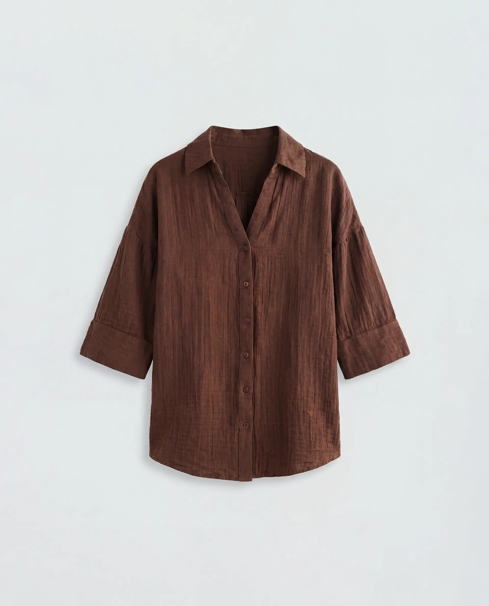 Rareism Women's Rudoc-T Brown Cotton Johnny Collar Oversized Plain Shirt
