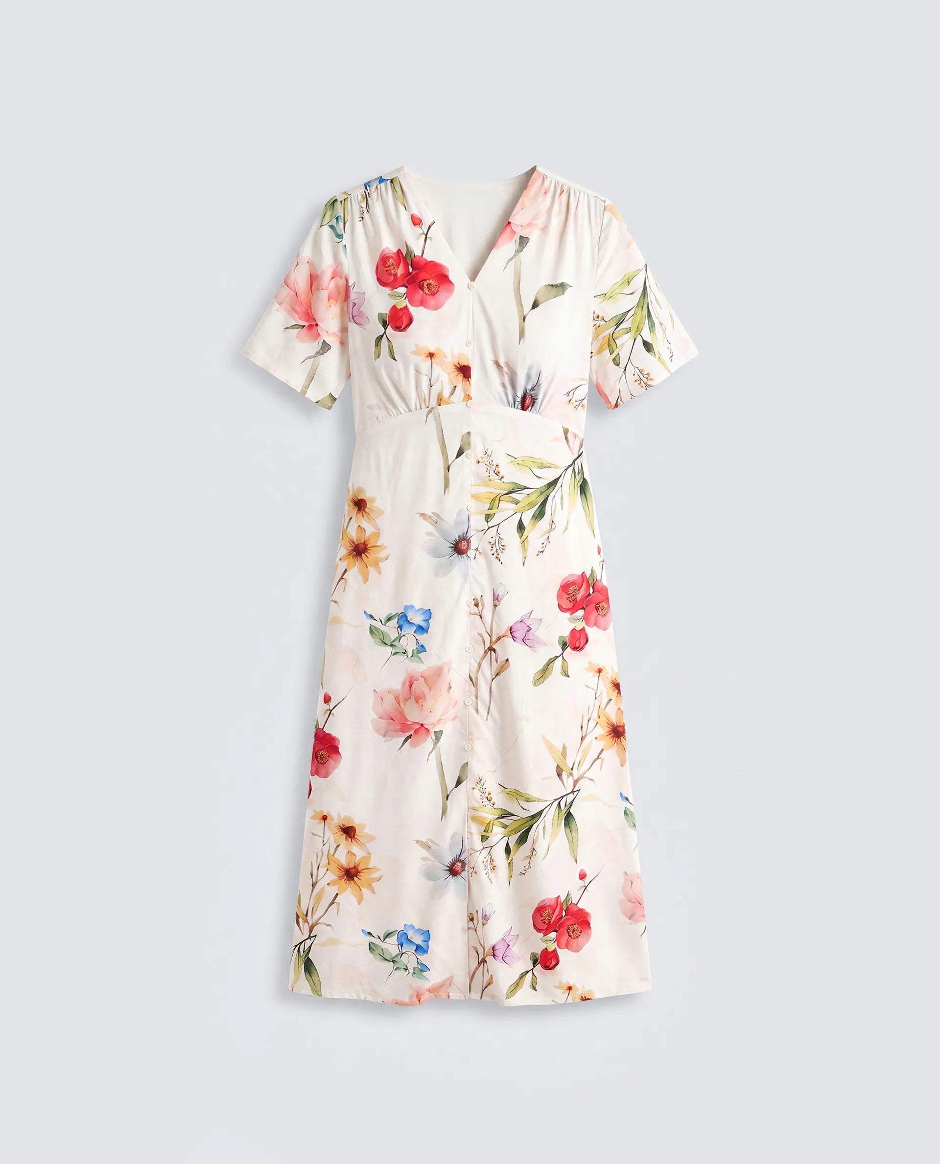 Rareism Women's Vanah Off White Viscose Half Sleeve V-Neck A-Line Floral Print Dress