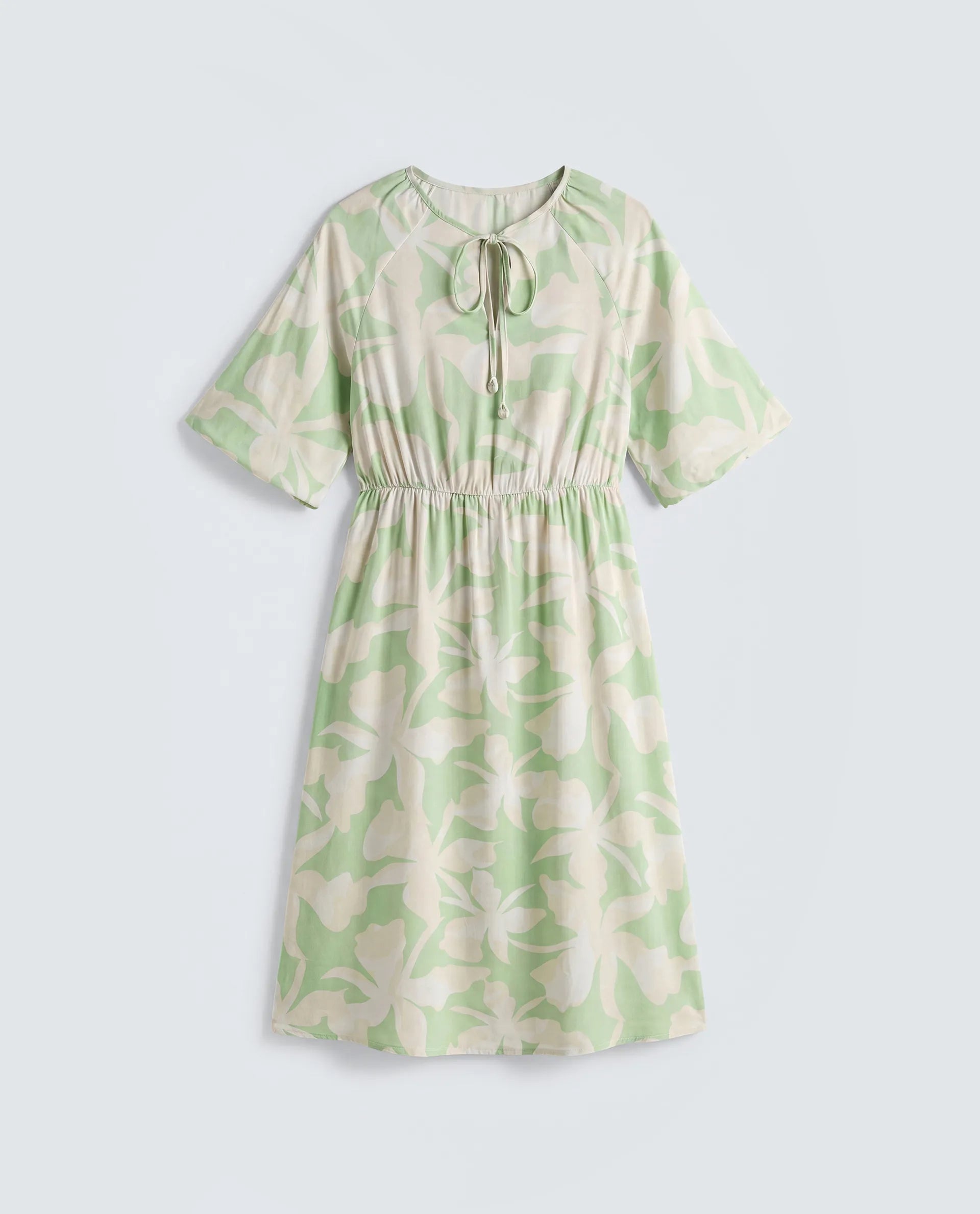 Rareism Women's Vemox Light Green Viscose Half Sleeve Tie-Up Neck Fit And Flare Abstract Print Dress