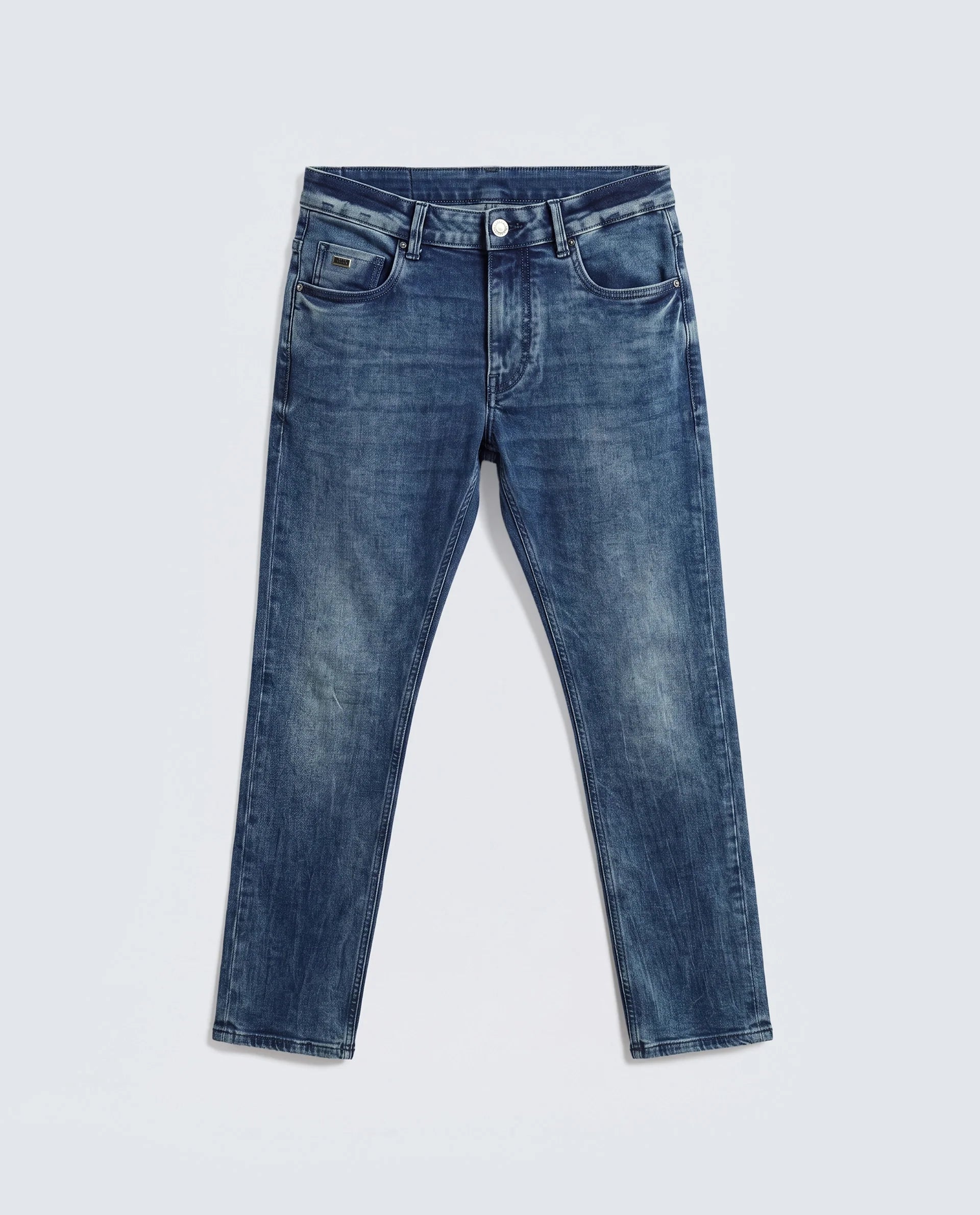 Rare Rabbit Men's Cast Blue Cotton Blend Plain Hawk Slim Fit Jeans