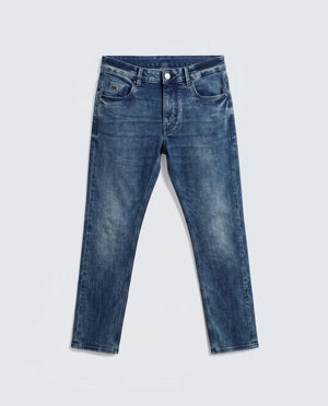 Rare Rabbit Men's Cast Blue Cotton Blend Plain Hawk Slim Fit Jeans