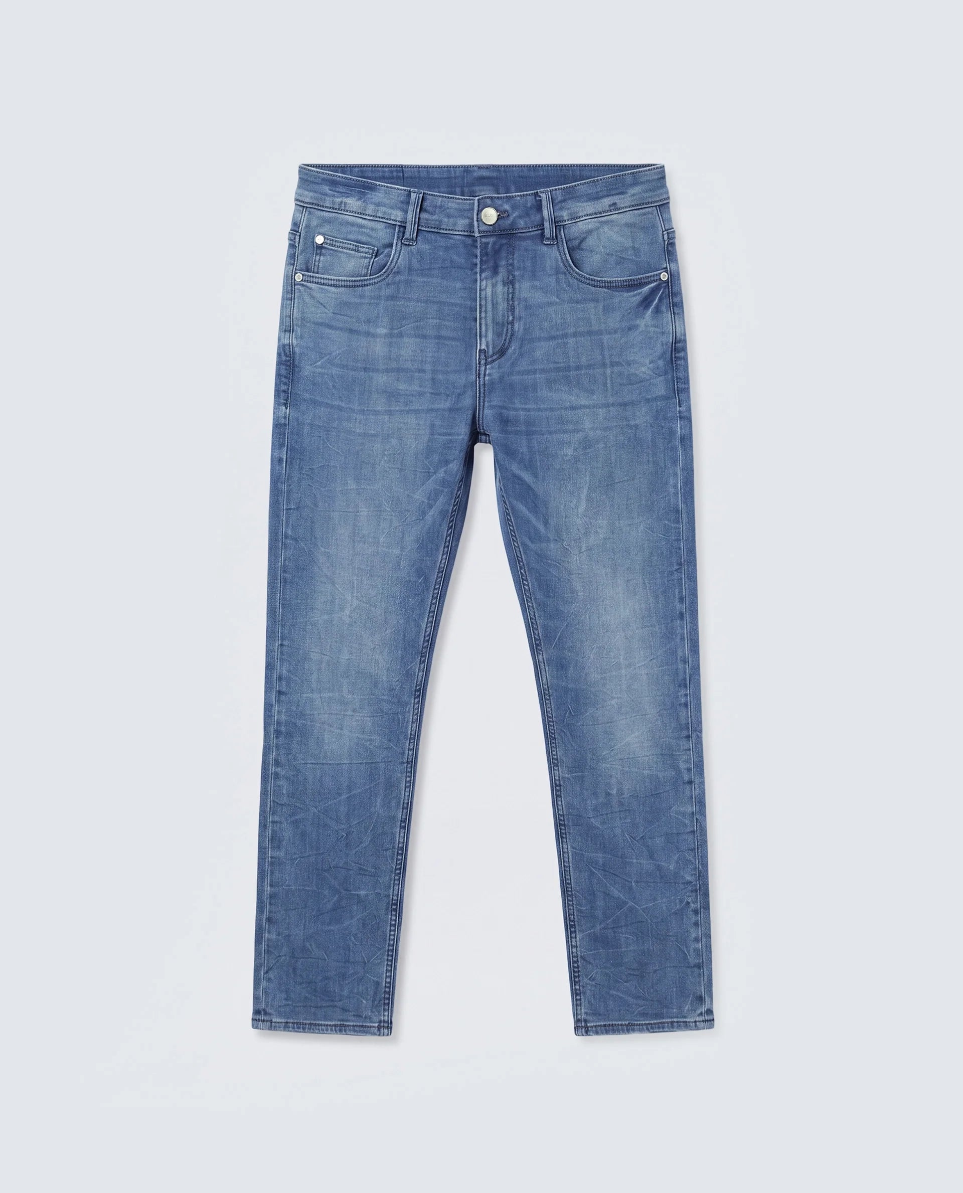 Rare Rabbit Men's Felix-K Blue Cotton Blend Plain Kurt Carrot Fit Jeans