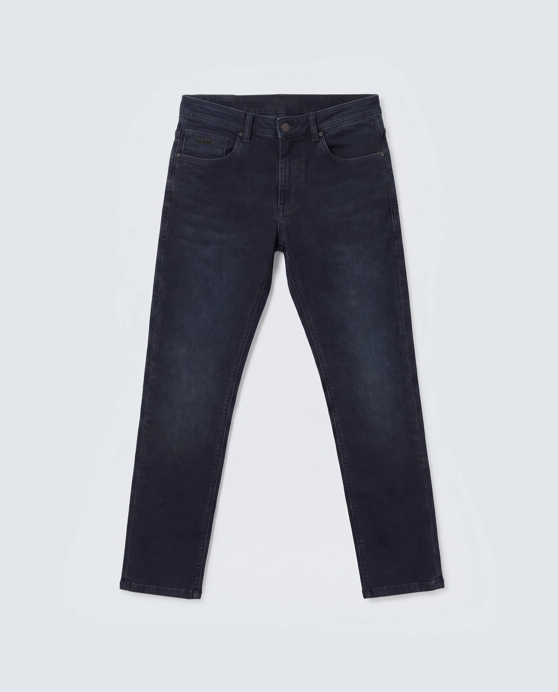 Rare Rabbit Men's Vark Dark Navy Cotton Blend Fabric Shank And Zipper Hawk Slim Plain Jeans