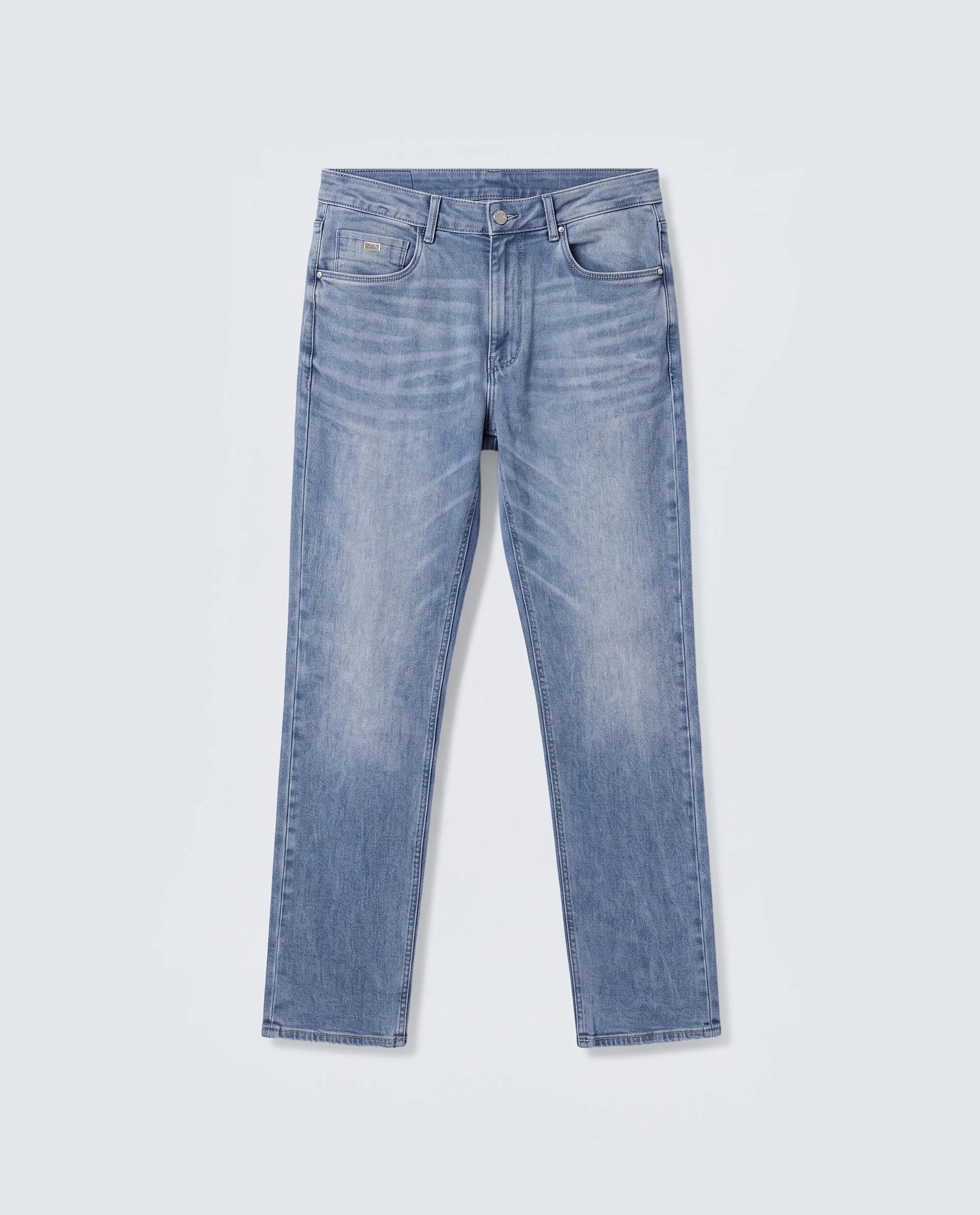 Rare Rabbit Men's Wavey Light Blue Cotton Blend Plain Morris Regular Fit Jeans