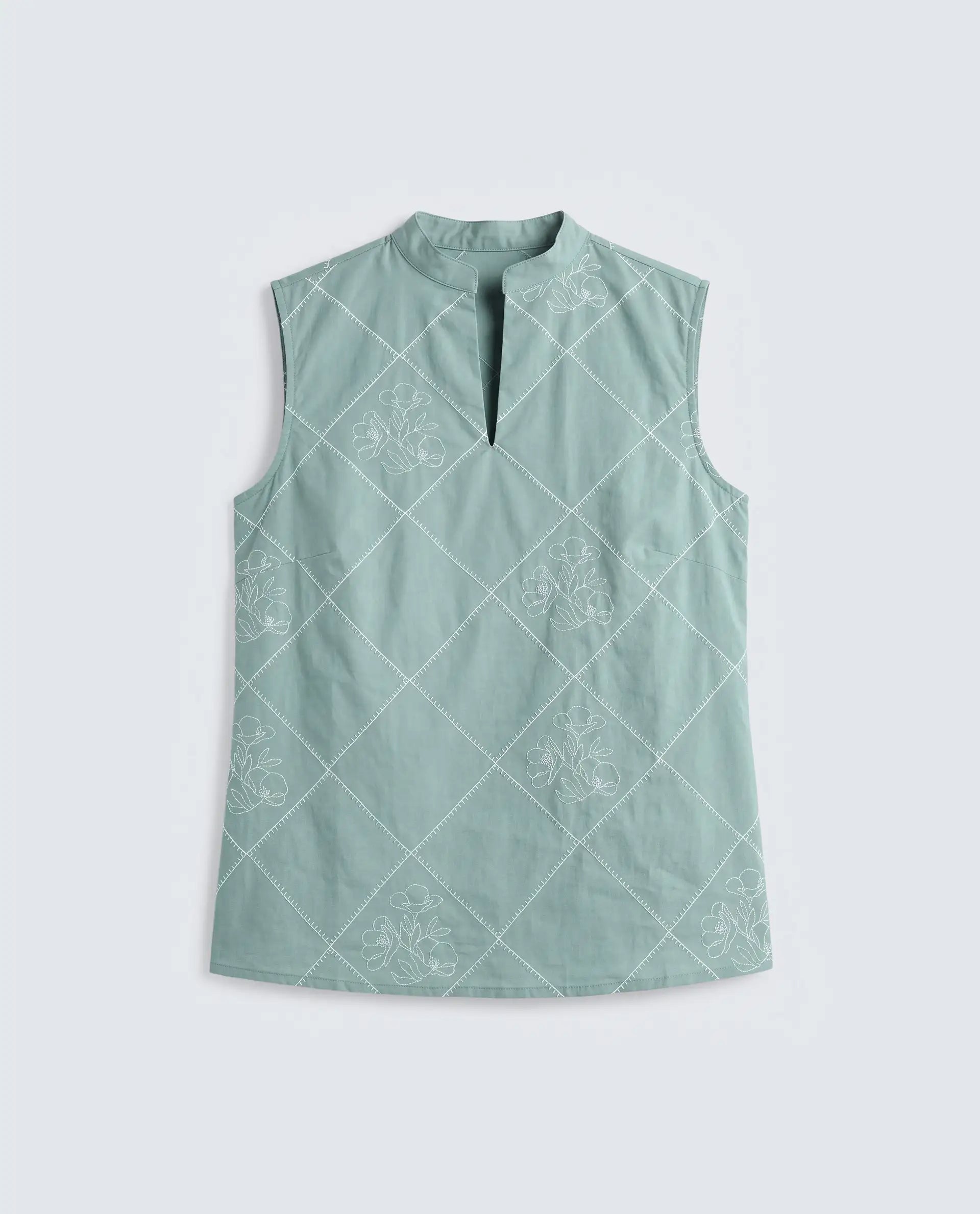 Rareism Women's Hax Dusky Green Cotton Sleeveless Band Collar Pull-On Regular Plain Top