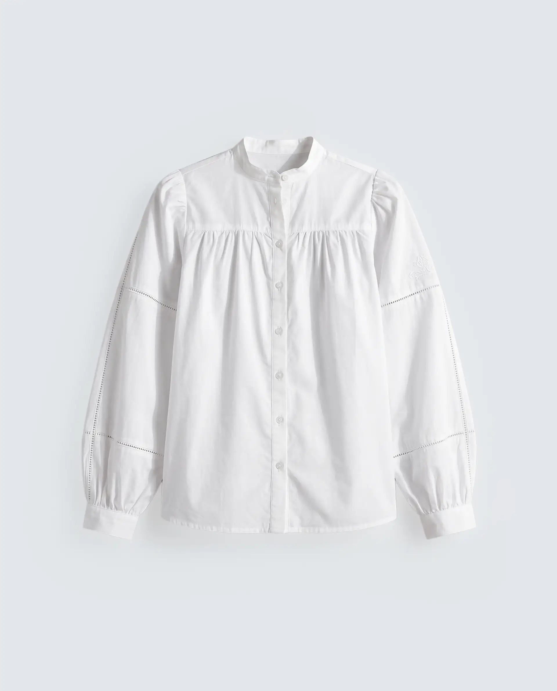 Rareism Women's Miel Off White Cotton Full Sleeve Mandarin Collar Relaxed Embroidered Top